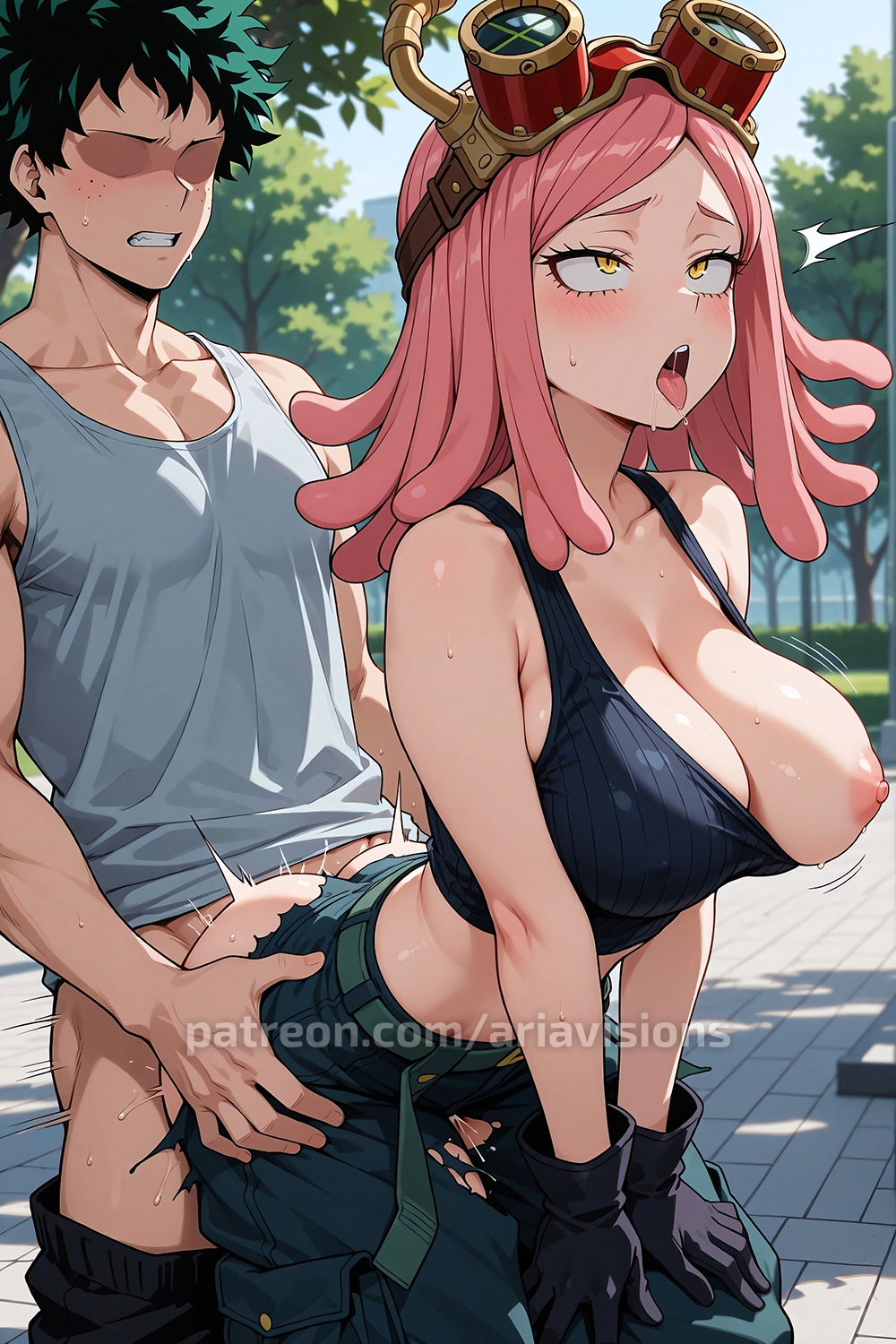 1boy, 1girls, ahe gao, ai, ai assisted, ai generated, ariavisions, boku no hero academia, breasts, female, goggles on head, green hair, green-haired male, hatsume mei, izuku midoriya, large breasts, mei hatsume, midoriya izuku, my hero academia, one breast out, pants down, pink hair, pink-haired female, sex from behind, taken from behind, tongue, tongue out, torn clothes, yellow eyes