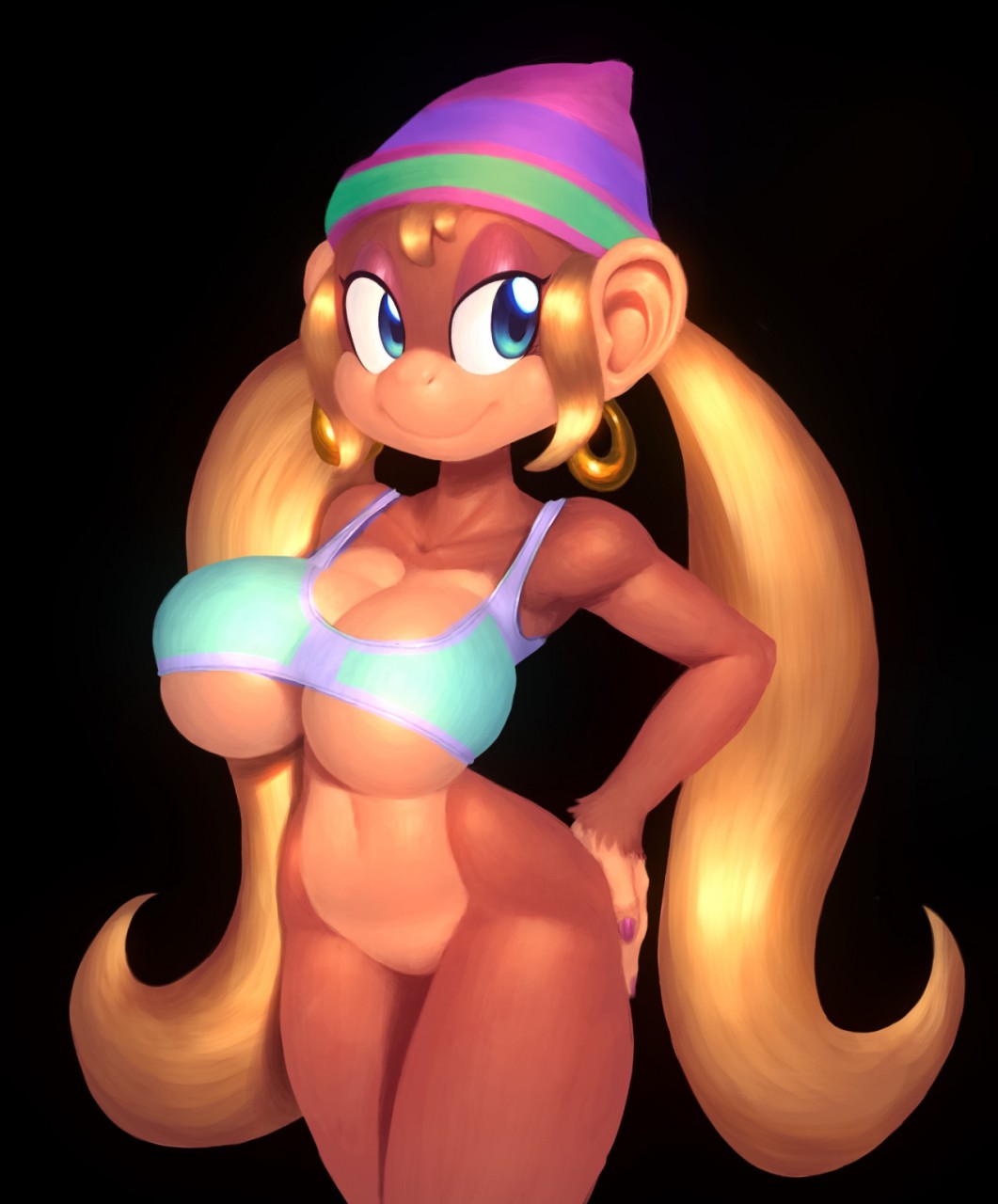 1girls anthro beanie beige_skin bimbo black_background blonde_hair blue_eyes bottomless breasts brown_fur cleavage closed_mouth clothes collarbone cowboy_shot donkey_kong_(series) ear_piercing eyeshadow female female_only fur hair hand_on_ass hat headgear hoop_earrings hourglass_figure huge_breasts kong long_hair looking_aside looking_at_viewer makeup mammal nintendo nitro open_eyes piercing primate round_ears skimpy_clothes smile solo standing tied_hair tight_clothes tiny_kong twintails voluptuous