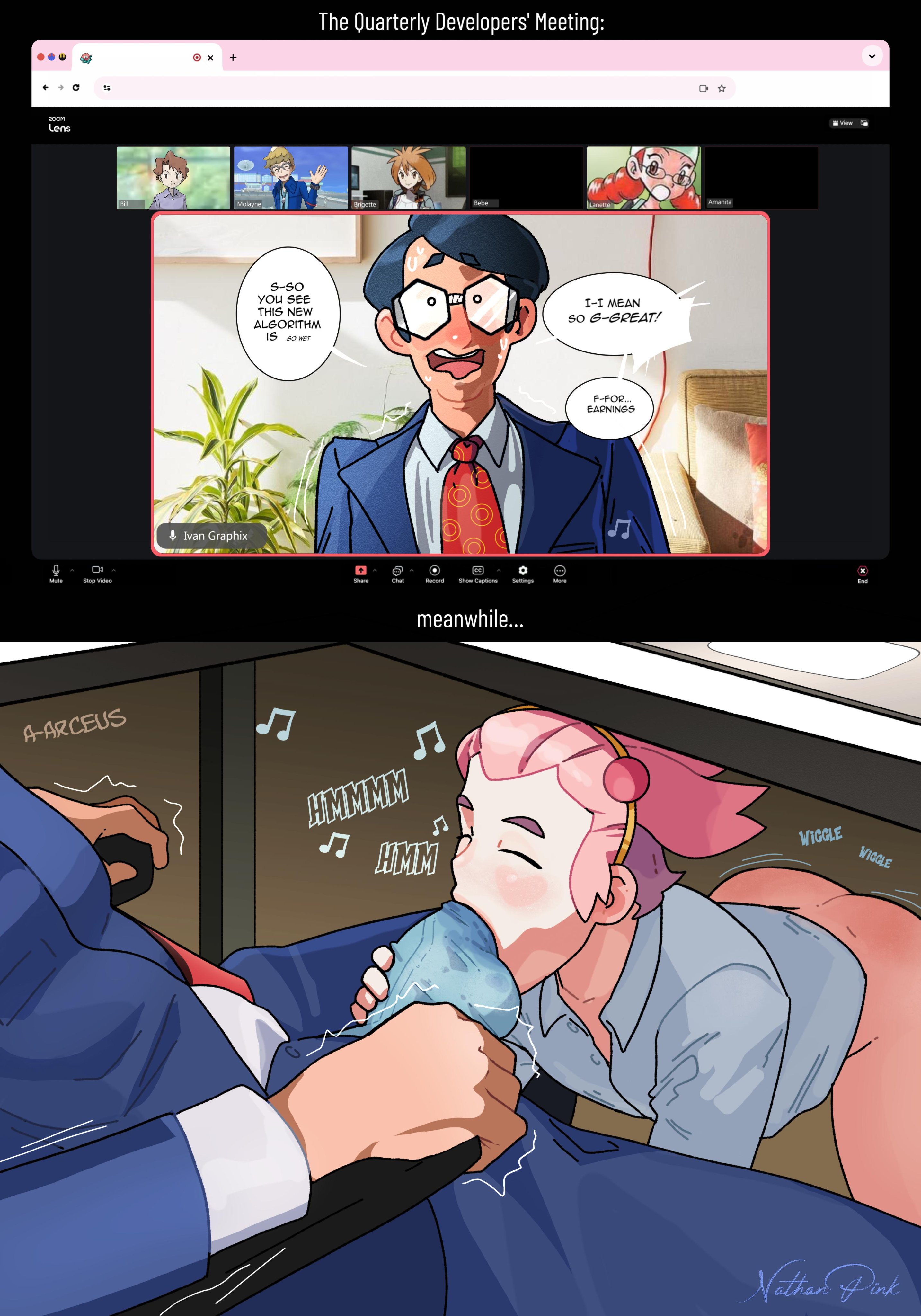 2boys, at work, big penis, blowjob, boss, bulge through clothing, ceo, erect penis, gay, gay blowjob, gay sex, huge cock, large penis, male, male only, male/male, nathanpink, oc, office, office chair, office clothing, oral, penis, pink hair, pokemon, stealth sex, thick penis, through clothes, veiny penis, work, yaoi
