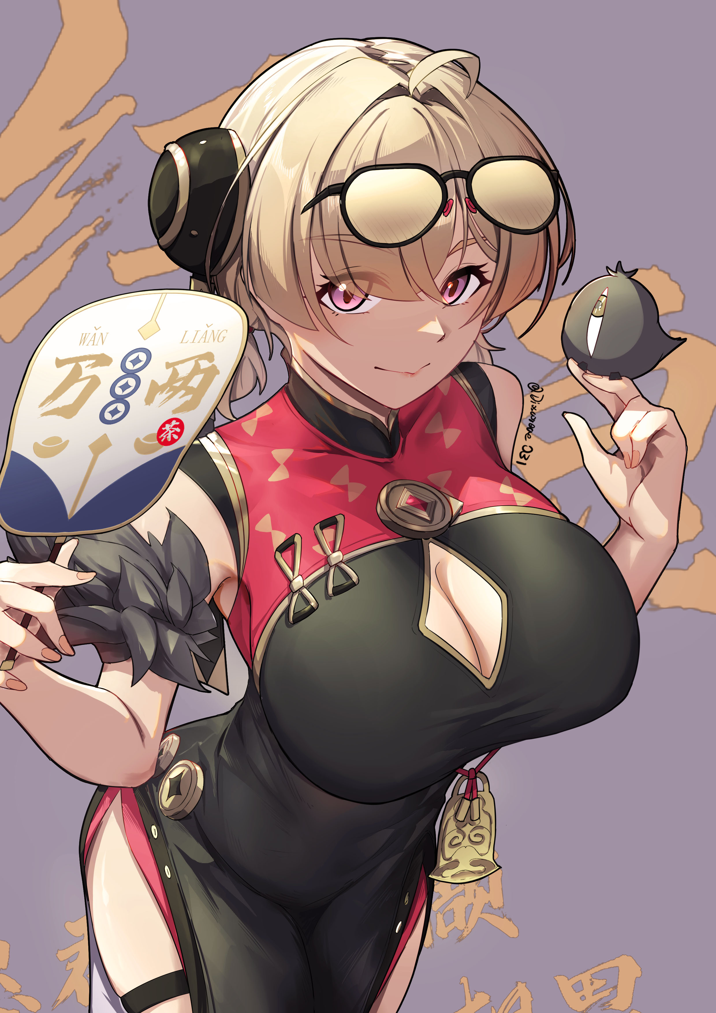 :>, absurdres, ahoge, artist name, blonde hair, breasts, china dress, chinese clothes, chinese commentary, cleavage, cleavage cutout, clothing cutout, dioscoreae031, double bun, dress, female, foreshortening, hair bun, hand fan, highres, holding, holding fan, hoyoverse, large breasts, looking at viewer, pink eyes, purple background, short twintails, smile, solo, sweety (zenless zone zero), talisman, tuanshan, twintails, twitter username, zenless zone zero