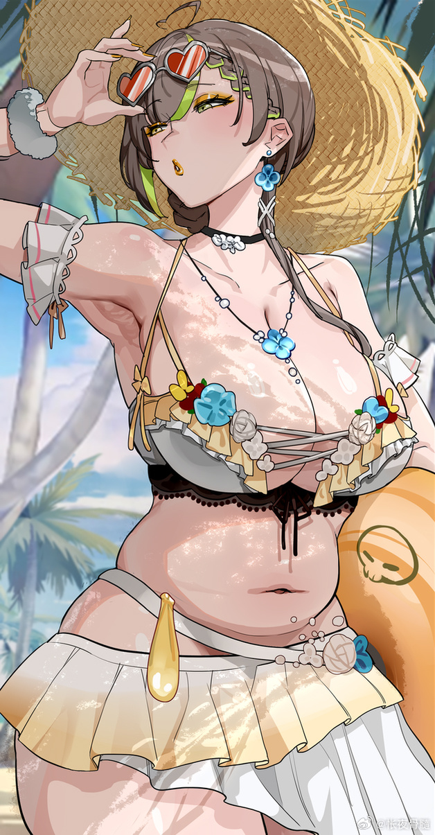 1girls, adjusting eyewear, armpits, bare shoulders, beach, bikini, bikini skirt, breasts, choker, cleavage, collarbone, condom, earrings, eyeshadow, eyewear on head, female, female only, green eyes, half-closed eyes, hat, highres, huge breasts, indie virtual youtuber, jewelry, kuook, makeup, mature female, mingqian nailyu, navel, orange eyeshadow, orange lips, outdoors, parted lips, plump, skirt, stomach, sunglasses, swimsuit, thighs, upper body, used condom, virtual youtuber, yellow bikini