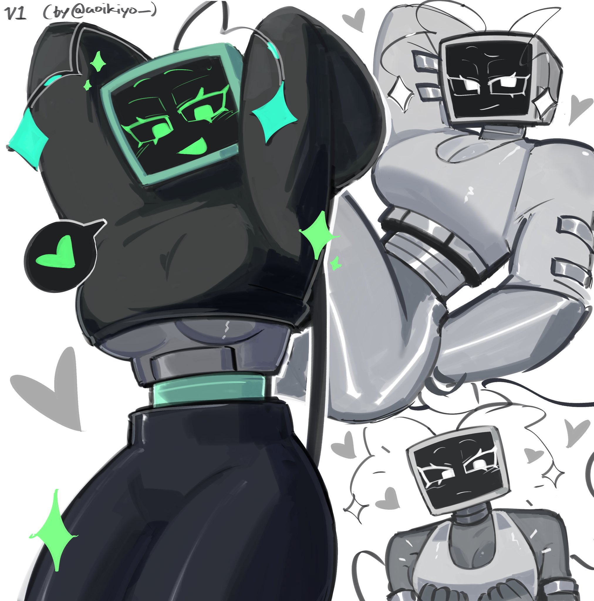 1girls, breasts, clothed, dandy's world, female, muscle mommy, muscles, musshuwoo (artist), object head, screen face, tv head, underboob, vee (dandy's world)