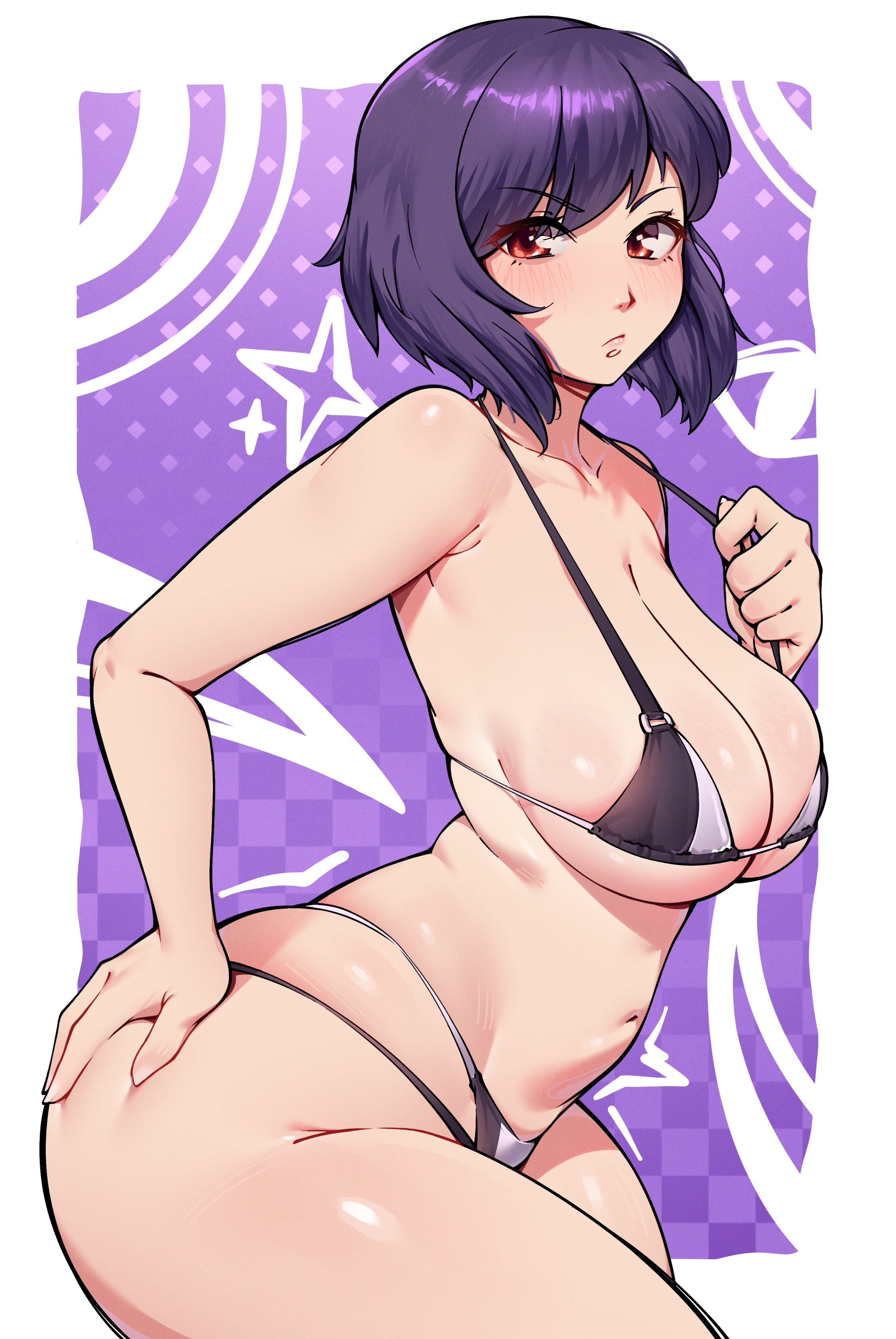 absurdres, arched back, bare shoulders, bikini, black bikini, blush, breasts, cleavage, closed mouth, collarbone, dracksart, female, ghost in the shell, ghost in the shell: stand alone complex, grabbing own ass, highres, kusanagi motoko, medium breasts, multi-strapped bikini bottom, navel, purple hair, red eyes, shiny skin, short hair, skindentation, solo, strap pull, swimsuit, thighs, underboob