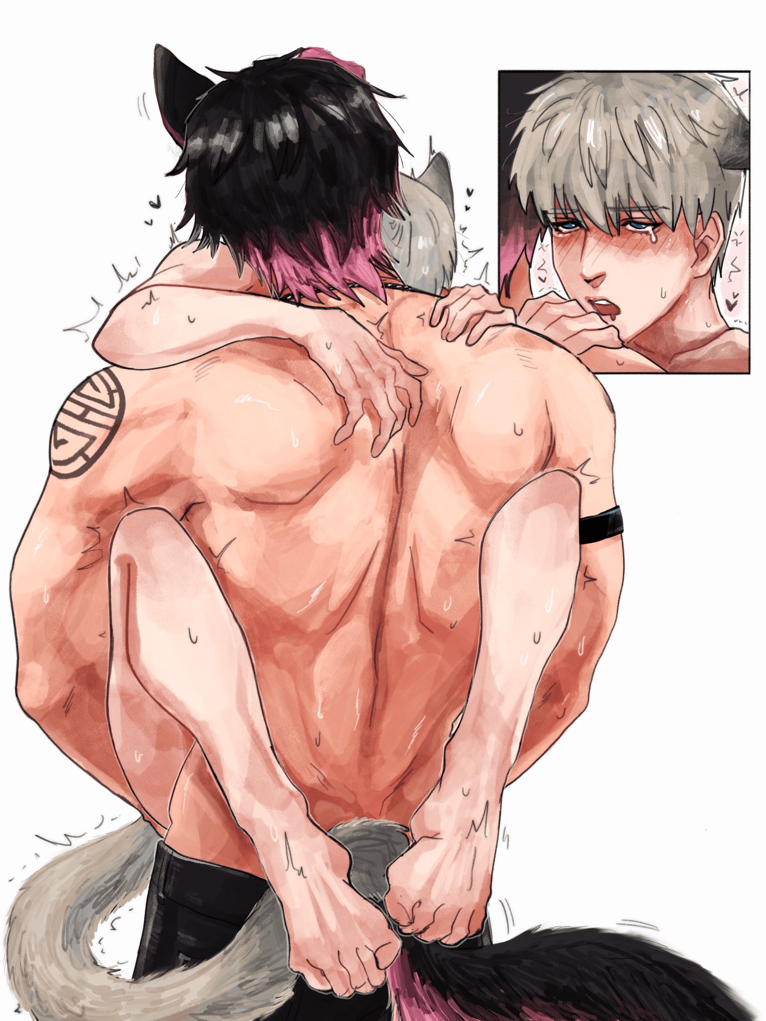2boys, anal, anal penetration, anal sex, ass, back view, blush, blush lines, carrying, cat ears, cat tail, color, colored, daddy and twink, furry tail, gay, gay sex, hand on ass, hand on butt, holding partner, kaiyo, kemonomimi, lifted, love and deep space, male, male only, male penetrating male, muscular, muscular male, nude, oupp13s31, overstimulation, partially clothed, rough sex, silver hair, standing sex, sweat, sweatdrop, tattoo, tears, tight grip, xavier (love and deep space), yaoi