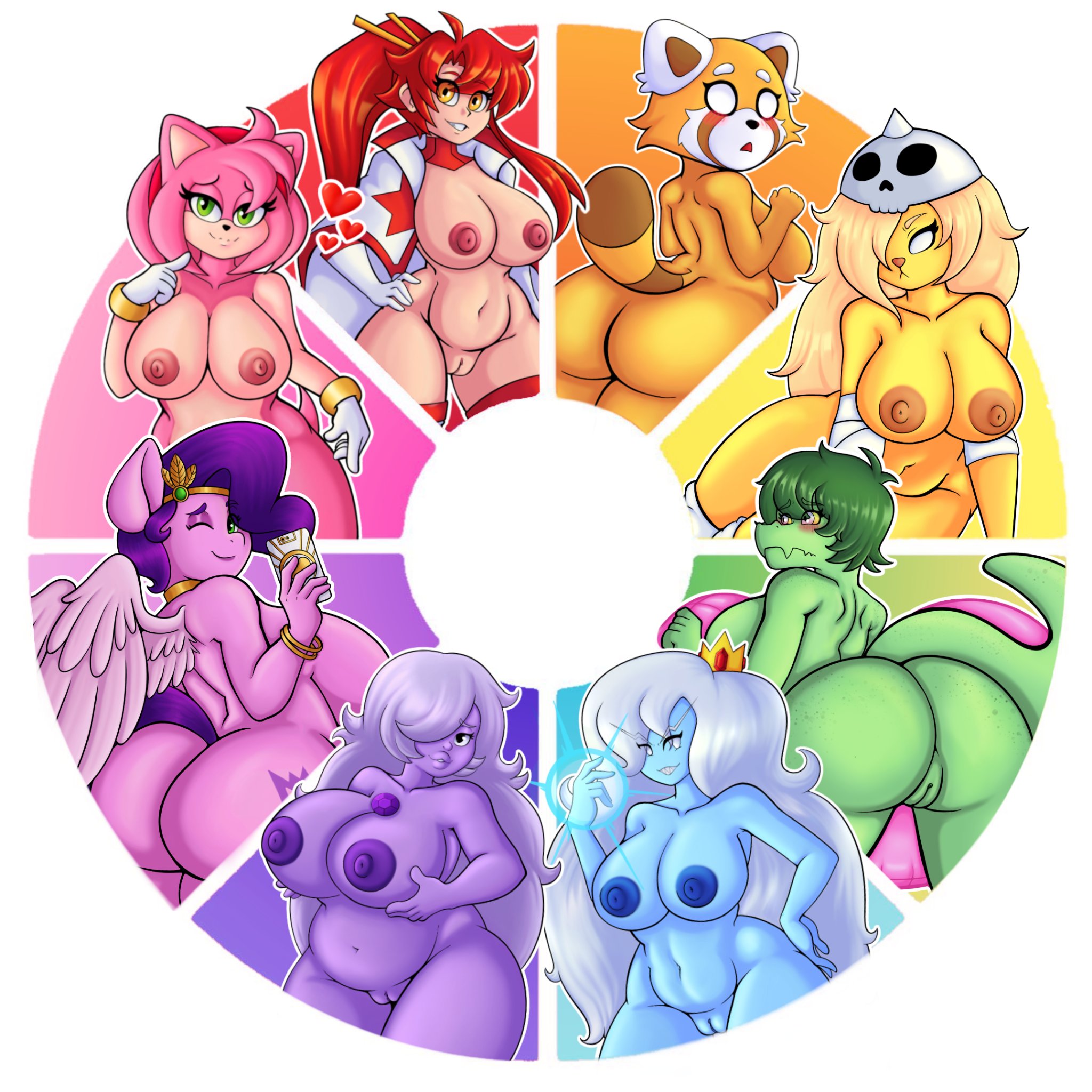 6+girls, 8girls, adventure time, aggressive retsuko, aggretsuko, amethyst (steven universe), amy rose, animal humanoid, anthro, ass, baryonyx, big ass, big breasts, big butt, blue body, blue skin, blush, breasts, bronwyn, cartoon network, cavemanon studios, color wheel challenge, crossover, crown, davidga12rg, digital media (artwork), dinosaur, eastern and western character, equid, equine, eyebrow through hair, eyebrows, female, freckled butt, freckles, frown, fur, genitals, green body, green eyes, green hair, green scales, grey eyes, hair, hand on hip, hasbro, headgear, hi res, horse, huge breasts, humanoid, humanoid genitalia, humanoid pussy, i wani hug that gator!, i wanna hug that gator, ice queen, ice queen (adventure time), large breasts, long hair, looking at viewer, looking back, looking back at viewer, mammal, mlp g5, my little pony, mythological creature, mythological equine, mythology, nervous, nipples, non-mammal breasts, not furry, nude, nude anthro, nude female, olivia halford, pegasus, pink body, pink fur, pipp petals (mlp), pony, prehistoric species, purple hair, pussy, rear view, red hair, reptile, retsuko, scales, scalie, shy, simple background, smile, snoot game, solo, sonic (series), space yoko, spinosaurid, steven universe, tail, tengen toppa gurren lagann, theropod, thick thighs, thighs, translucent, translucent hair, white hair, wide hips, wings, yellow eyes, yellow sclera, yoko littner