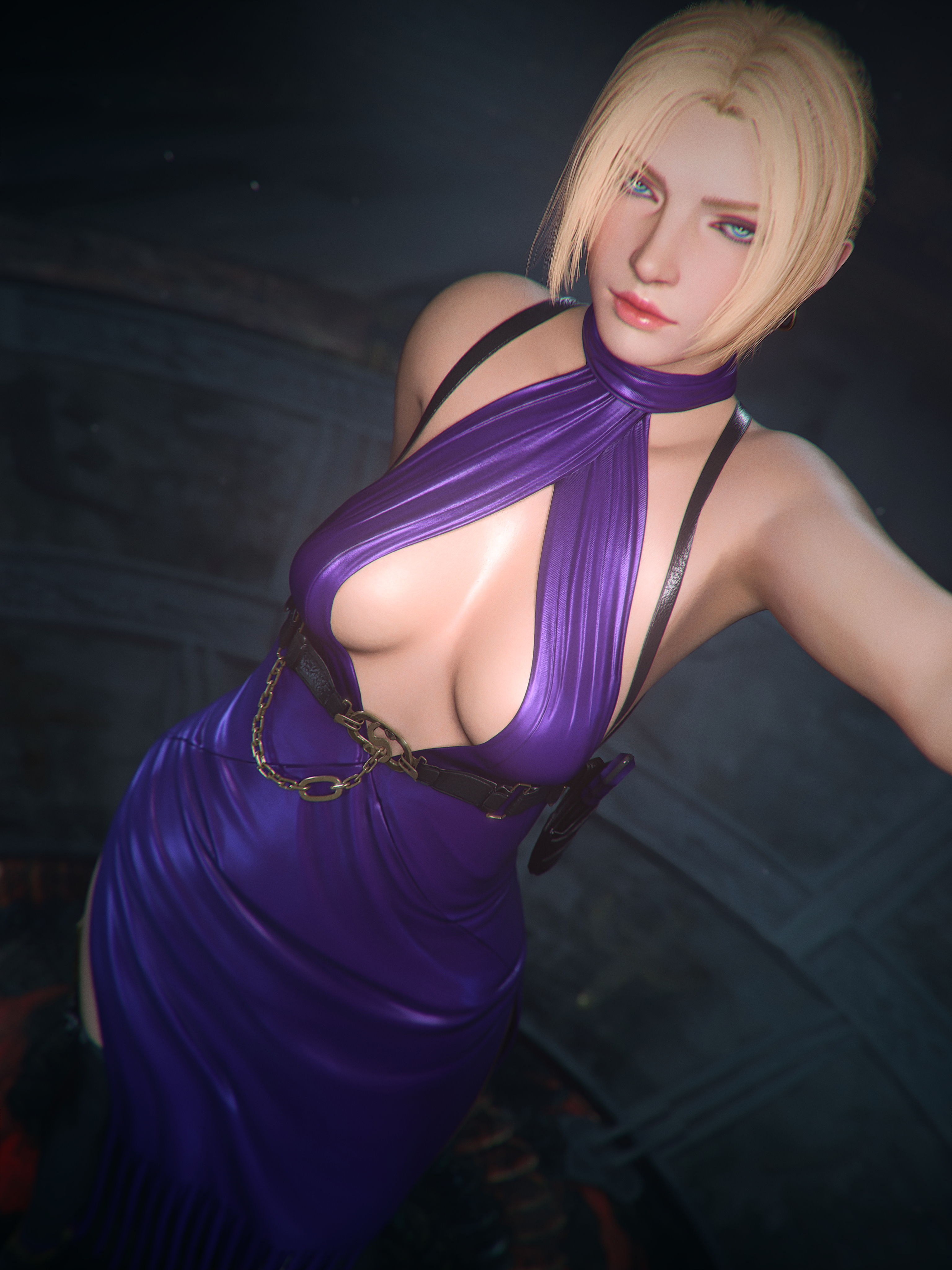 3d, 3d (artwork), artist request, blonde hair, breasts, checkpik, cleavage, dress, female, female only, mature female, milf, nina williams, selfie, tekken, tekken 8