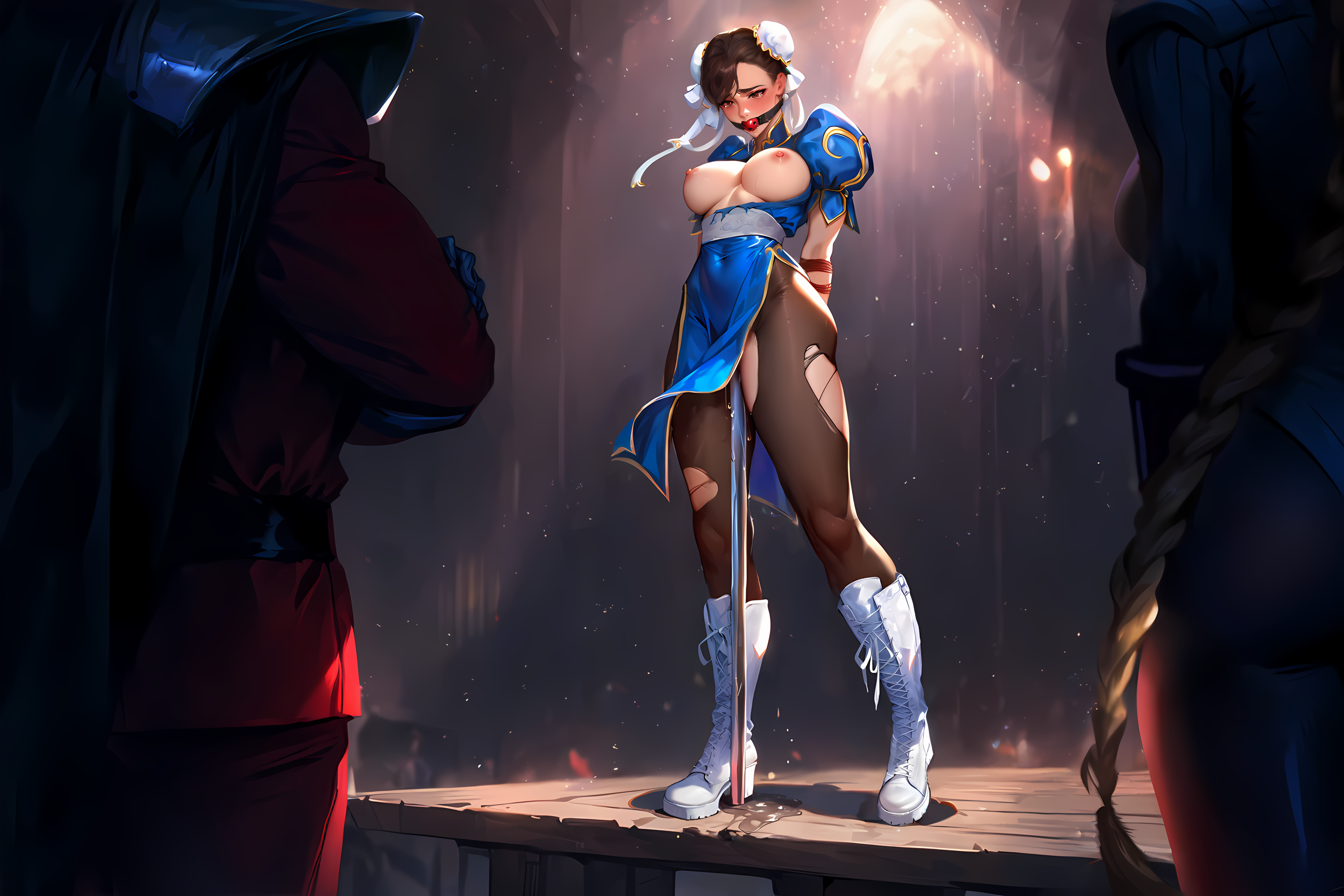 ai assisted, ai generated, arms behind back, boots, bound, breasts, breasts out, brown eyes, brown hair, china dress, chun-li, decapre (street fighter), female, gag, gagged, hi res, laced boots, large breasts, m bison, nipples, one bar prison, pussy, pussy juice, pussy juice puddle, red ball gag, restrained, sash, self upload, slave auction, stable diffusion, stage, standing, stationary restraints, stockings, street fighter, tacocatbox, tiptoes, torn clothes, vaginal object insertion, white boots