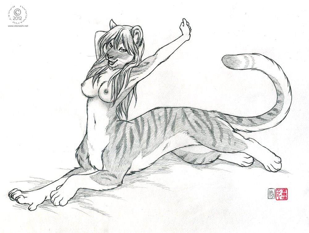 2012 anthro breasts casual_nudity chakat drawn female kacey nipples nude solo stripes tasteful_nudity taur