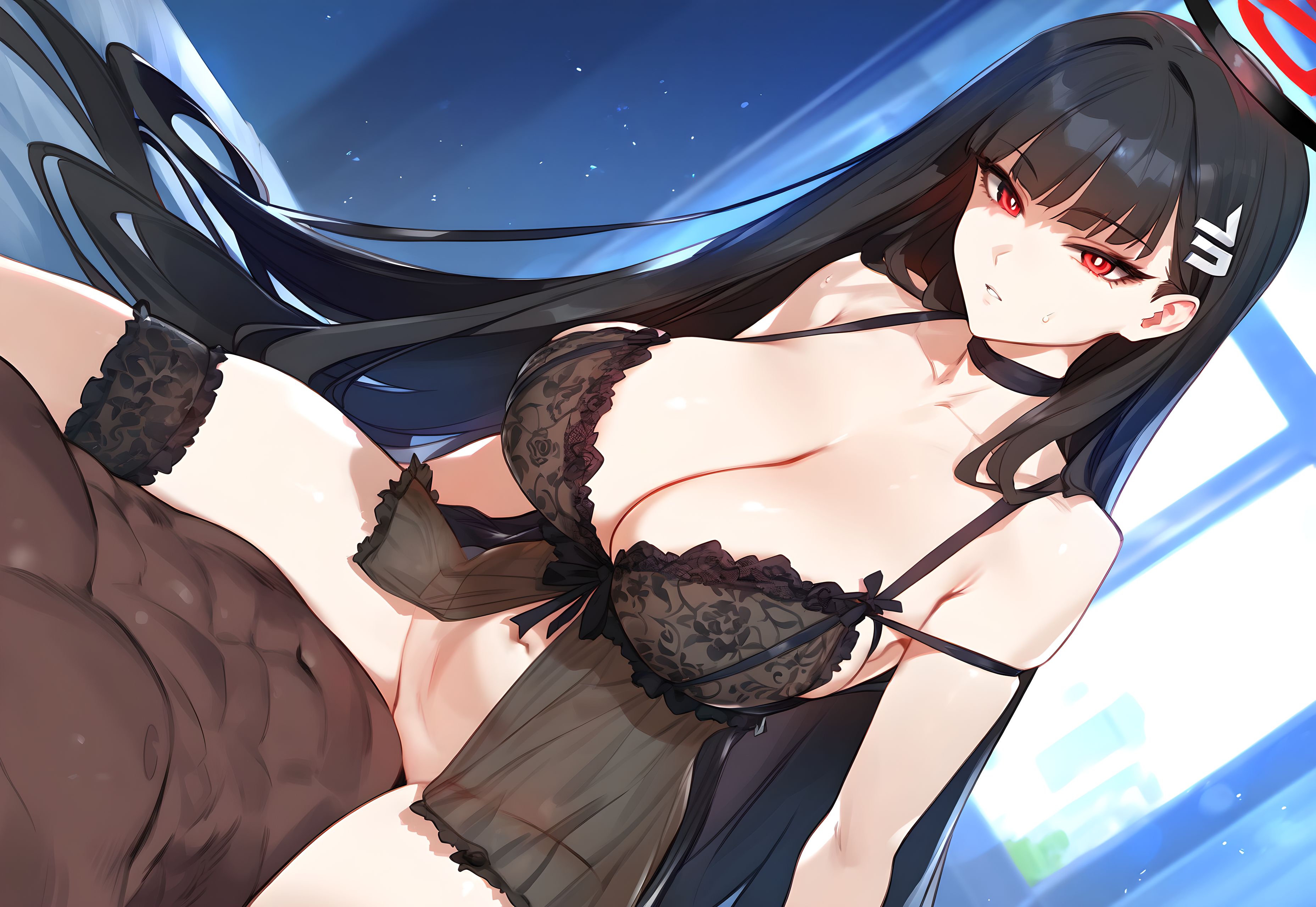 1boy, 1girls, ai generated, ambiguous penetration, big breasts, black hair, blue archive, breasts, cowgirl position, dark skin, dark-skinned male, ded 173, female, indoors, interracial, lingerie, male, riding, rio (blue archive)
