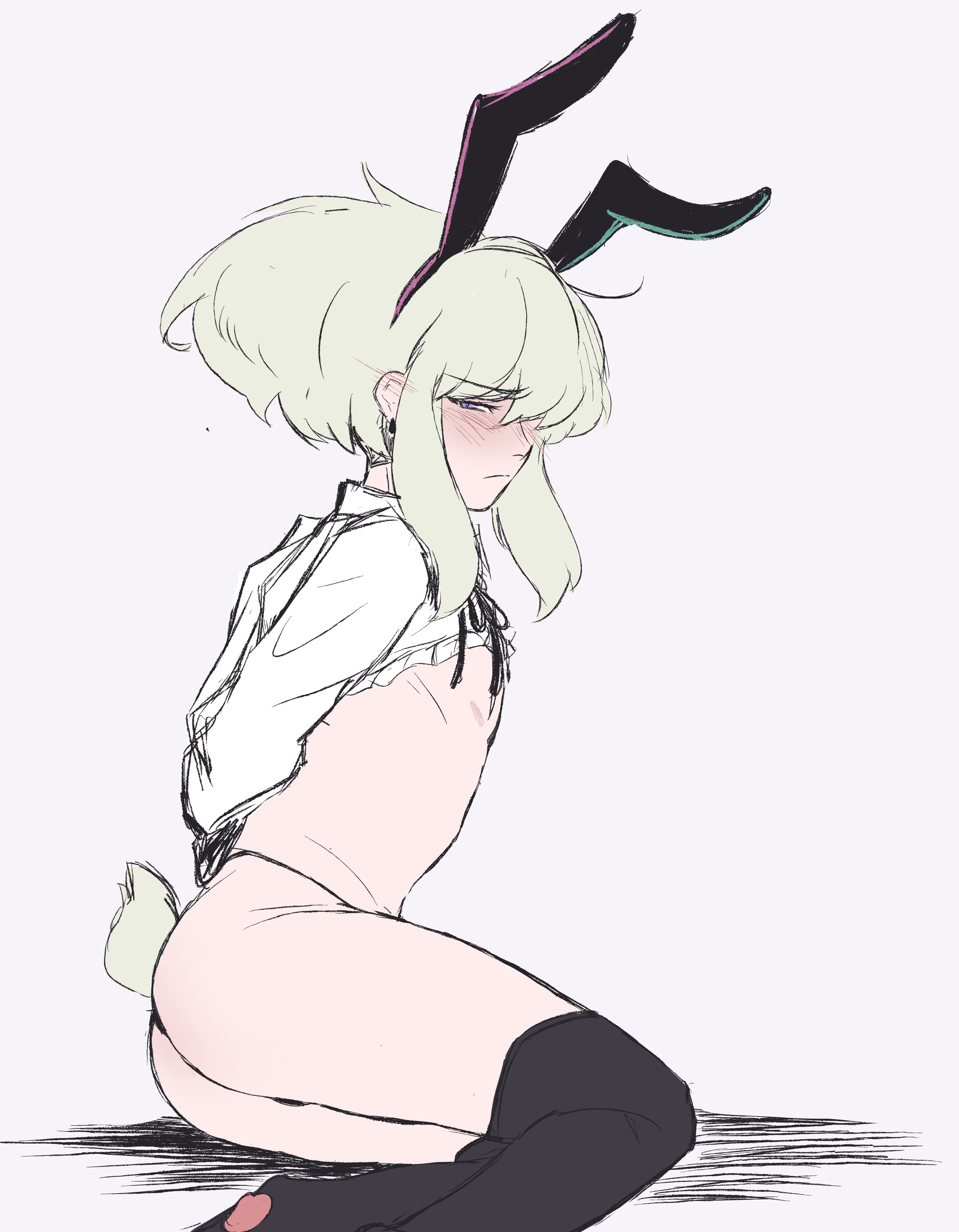 bunny ears, bunnysuit, clothing, embarrassed, femboy, ichidices, lio fotia, male, promare, stockings, twink