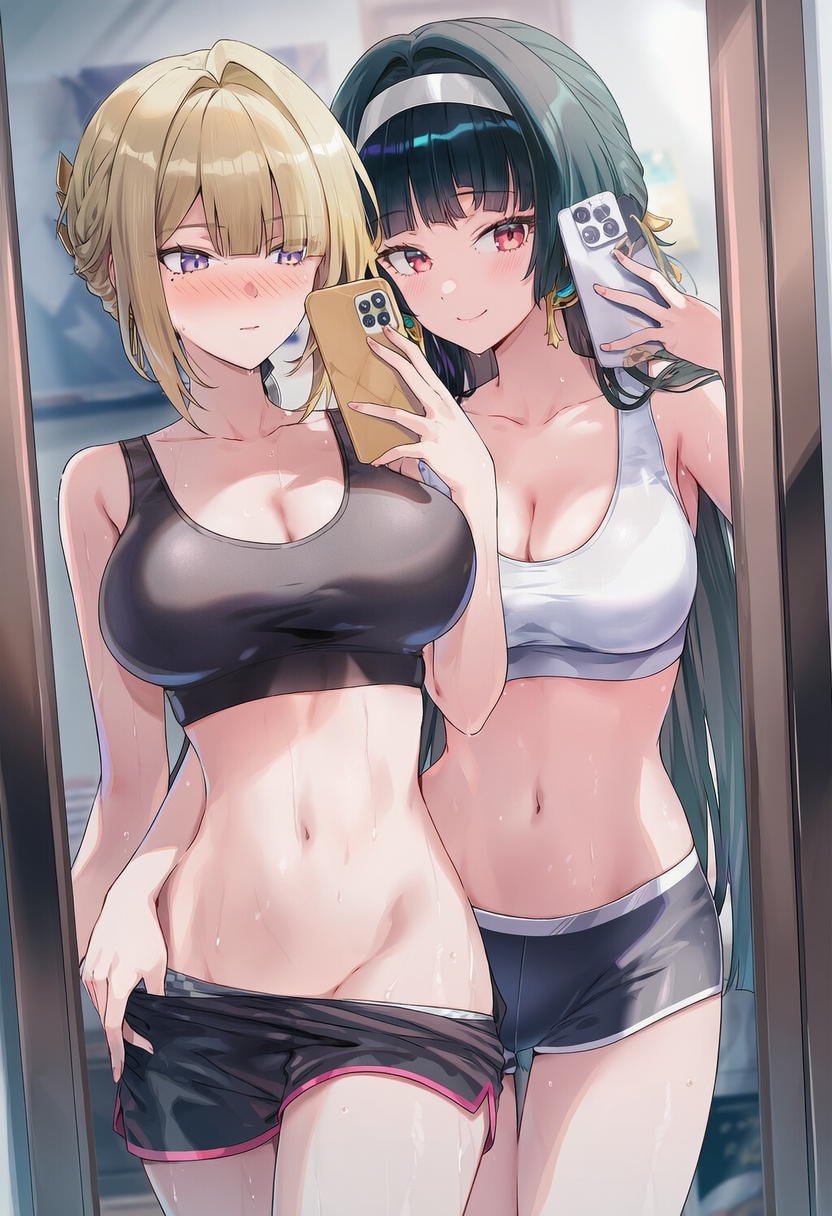 2girls, ai generated, astra yao, big breasts, blonde female, blush, breasts, curvy body, curvy female, curvy figure, dark green hair, evelyn chevalier, female, female focus, female only, gym clothing, gym shorts, gym uniform, mirror reflection, mirror selfie, navel, phone camera, raaicave, selfie pose, sweating, sweating female, zenless zone zero
