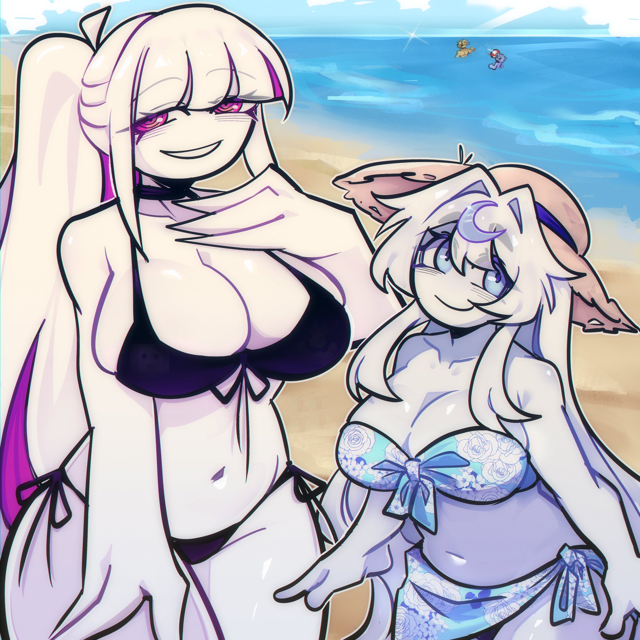 ahoge beach big_breasts bikini blue_eyes blue_hair choker feet_up flower fnf_mods friday_night_funkin hat huge_breasts huge_thighs humanoid jewelry long_hair lune_(friday_night_funkin) lune_(yraisel) navel nikusa_(sugarratio) orange_eyes pink_eyes pink_hair ponytail purple_eyes seaside skelthors smile swimsuit thighs water white_hair
