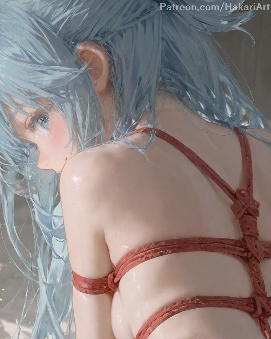 2025 ai_assisted ai_generated aqua_(konosuba) arms_behind_back artist_name blue_eyes bondage bondage bondage bound bound_arms bound_legs bound_wrists box_tie breast_bondage close-up crotch_rope female from_behind gag gagged hakariart hatsune_miku high_quality high_res high_resolution highres kono_subarashii_sekai_ni_shukufuku_wo! konosuba long_hair looking_at_viewer patreon red_rope restrained rope shibari_over_clothes skindentation solo stable_diffusion twintails watermark