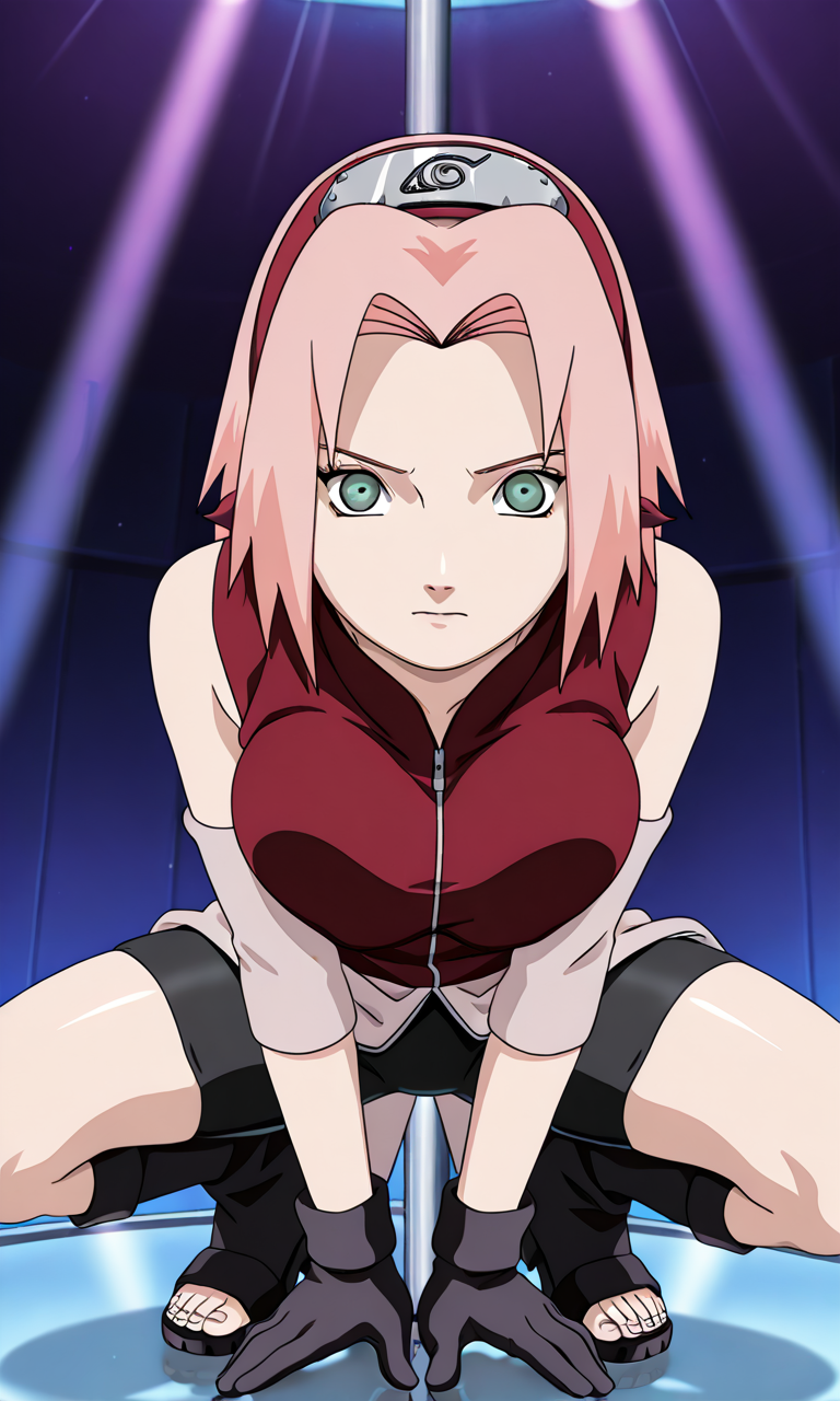 ai_generated anime_style bike_shorts female glove green_eyes jonnahill looking_at_viewer naruto_shippuden pink_hair sakura_haruno self_upload squatting tagme toeless_footwear