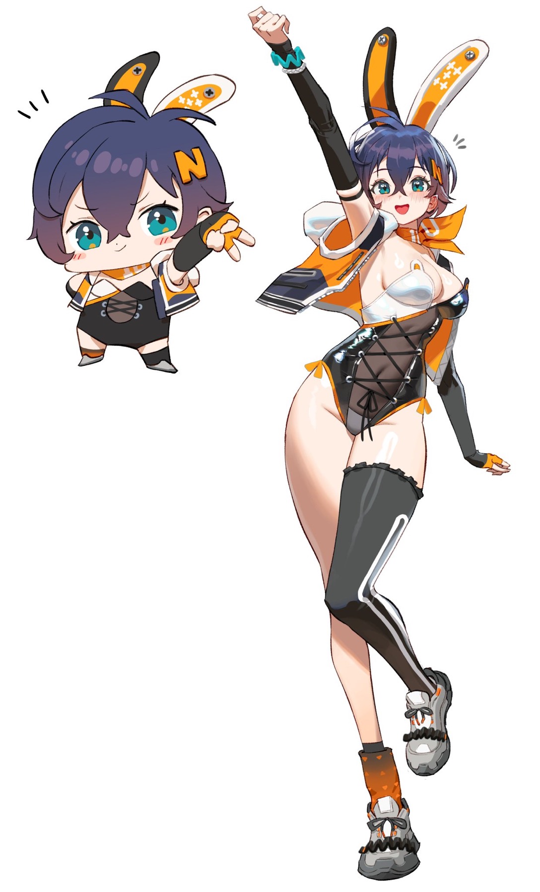 1girls, ahoge, animal ear hairband, animal ear headwear, animal ears, arm up, armband, armwear, belle (zenless zone zero), black leotard, black socks, blue hair, blush, blush lines, blushing, bracelet, bunny ears, bunny girl, bunnysuit, chibi inset, cleavage, detached sleeves, female, fingerless gloves, gloves, green eyes, hair between eyes, hairclip, letter hair ornament, light skin, light-skinned female, looking at viewer, neckerchief, necktie, no sex, not porn, pale skin, pale-skinned female, peace sign, pose, ribbon, ribbons, shoes, short hair, single thighhigh, sleeveless, sleeveless jacket, smile, smiling, smiling at viewer, sneakers, standing, standing on one leg, strapless leotard, uneven legwear, white background, wonbin lee, zenless zone zero