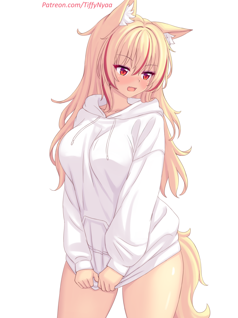 1girls, baggy clothing, blonde hair, blush, cat ears, cat girl, cat tail, catgirl, female, hoodie, hoodie only, looking down, patreon, patreon username, red eyes, red highlights, simple background, tiffy, tiffynyaa, white hoodie
