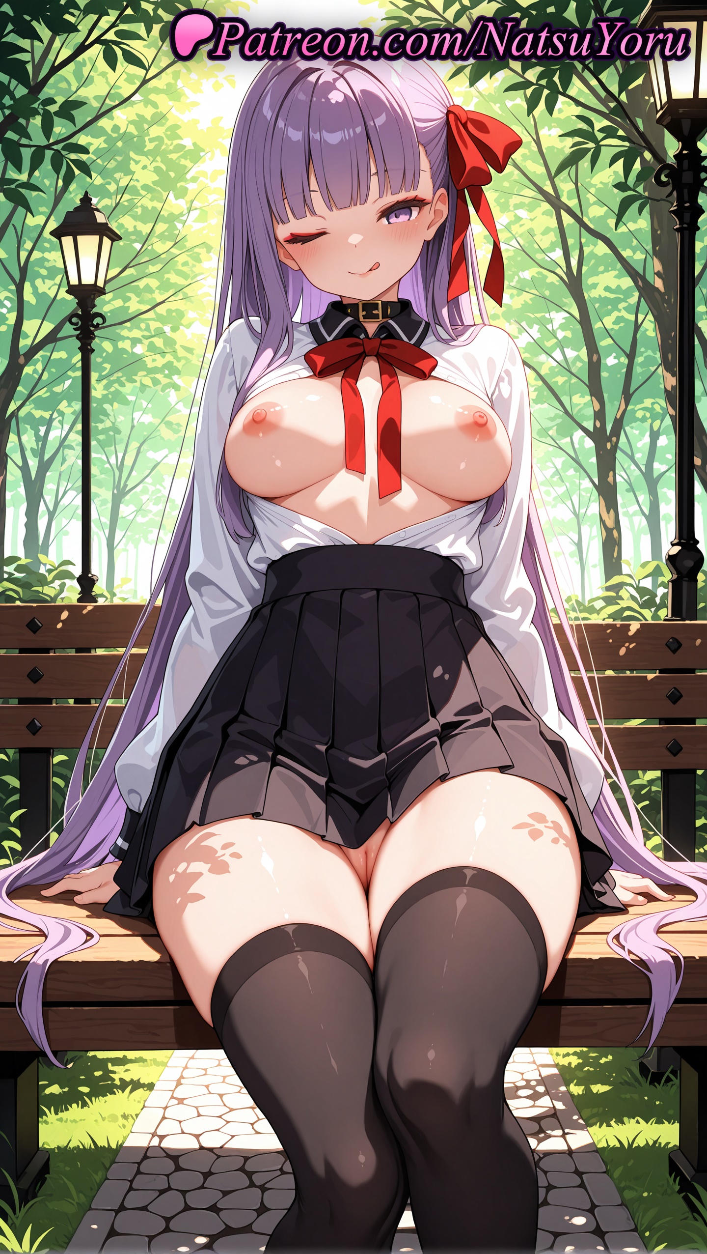 1girls, 2025, ai assisted, ai generated, anime, anime style, bangs, bb (fate), bb dubai (fate), black skirt, black thighhighs, blush, breasts, fate (series), fate/extra ccc, fate/grand order, female, hair ribbon, hi res, high quality, high resolution, high-waist skirt, highres, large breasts, long hair, long sleeves, looking at viewer, natsuyoru, neck ribbon, nipples, one eye closed, open clothes, outdoors, patreon, purple eyes, purple hair, pussy, red ribbon, ribbon, shirt, sitting, skirt, solo, stable diffusion, thighhighs, tongue, tongue out, very long hair, voluptuous, voluptuous female, white shirt