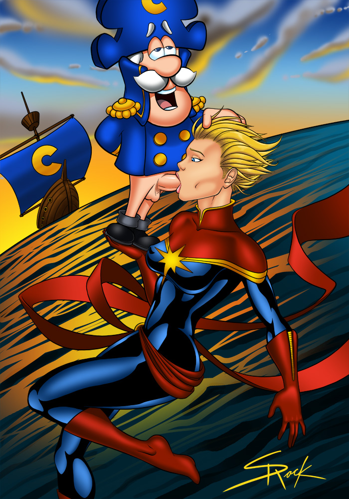 blonde_hair blue_eyes bodysuit bottomless breasts captain_crunch captain_marvel carol_danvers crossover facial_hair fellatio female flying hair hand_on_head hat headgear larger_female male marvel military_uniform moustache ocean open_mouth oral outdoors penis sash selrock ship short_hair size_difference smaller_male straight sundown sunset testicles uniform water white_hair