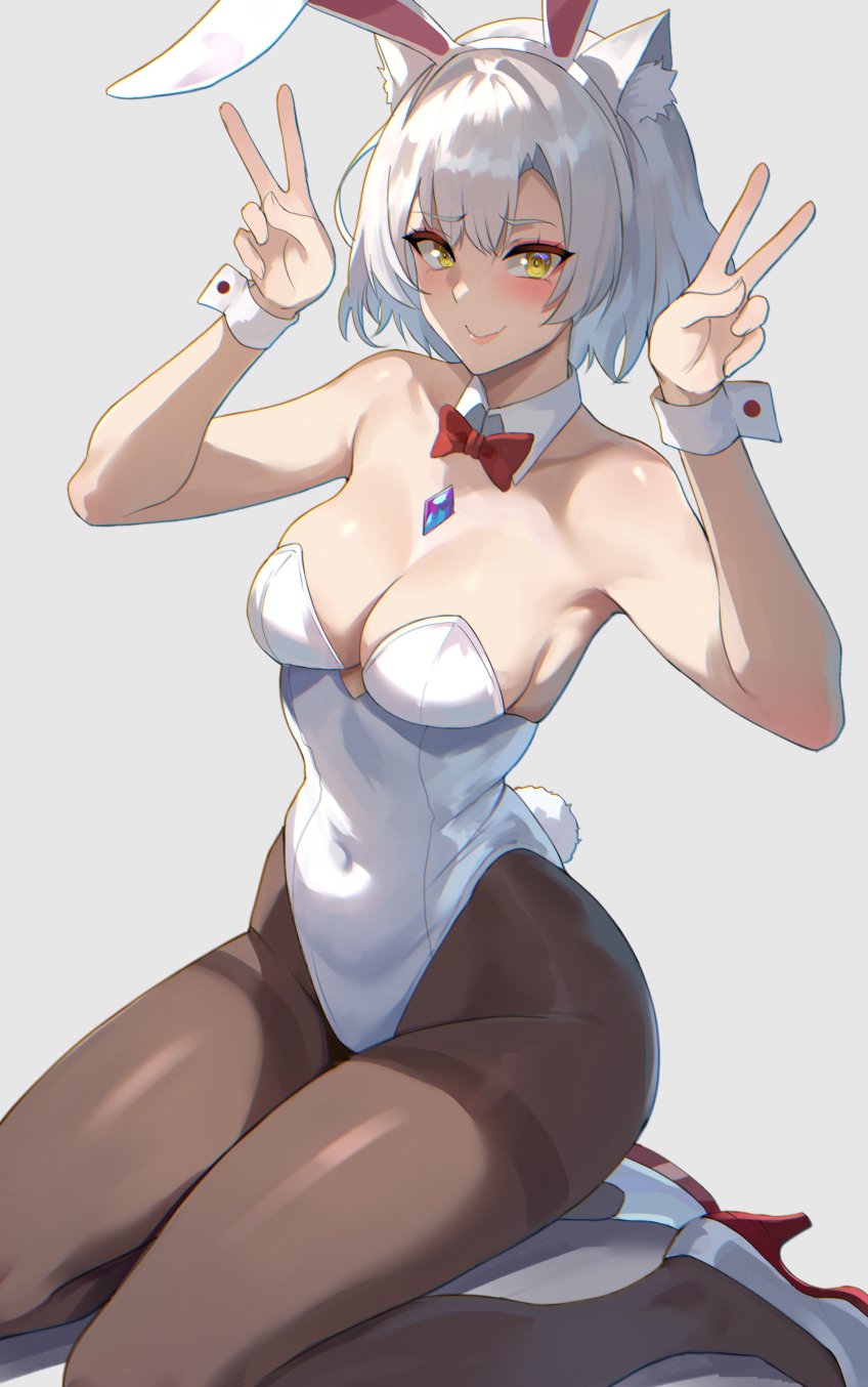 1girls, armpits, bare shoulders, black leggings, black stockings, blush, bowtie, bunny ears, bunnysuit, busty, cat ears, catgirl, cleavage, core crystal, curvy, detached collar, embarrassed, female, female only, highres, lainart, leggings, legwear, leotard, looking at viewer, medium breasts, mio (xenoblade), monolith soft, nintendo, peace sign, short hair, silver hair, slim waist, smile, stockings, thick thighs, thighs, white leotard, wide hips, xenoblade (series), xenoblade chronicles 3, yellow eyes