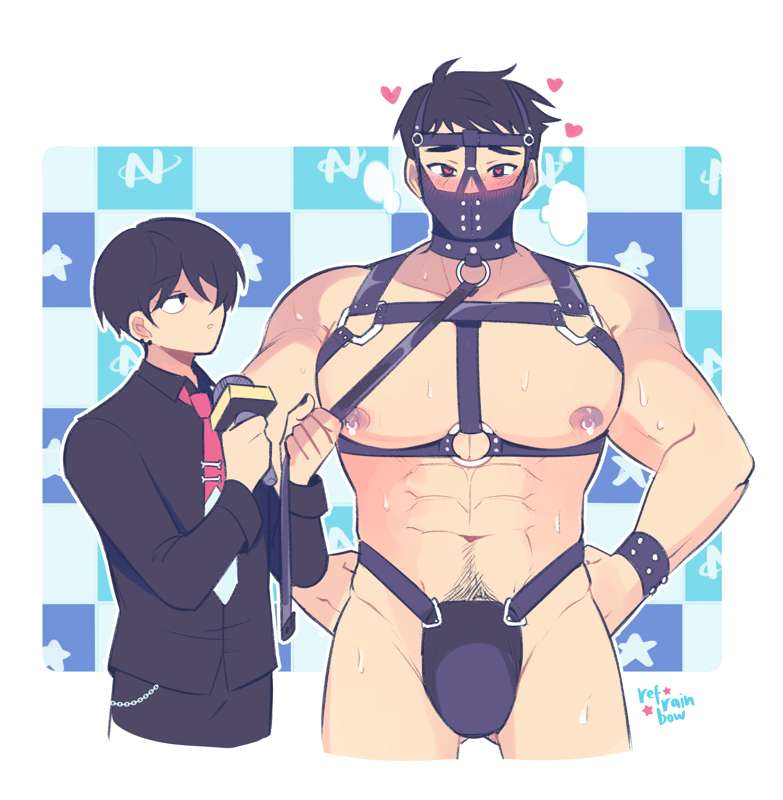 2boys, abs, bara, bdsm, bdsm gear, big sub small dom, boyfriends (webtoon), boys only, collar, cuffs, felix (boyfriends), gay, gay male, harness, kevin (boyfriends), leash, male, male only, malesub, muscular, muscular male, muscular sub, muzzle, nipple piercing, nipples, piercing, reference, refrainbow, small dom big sub, yaoi