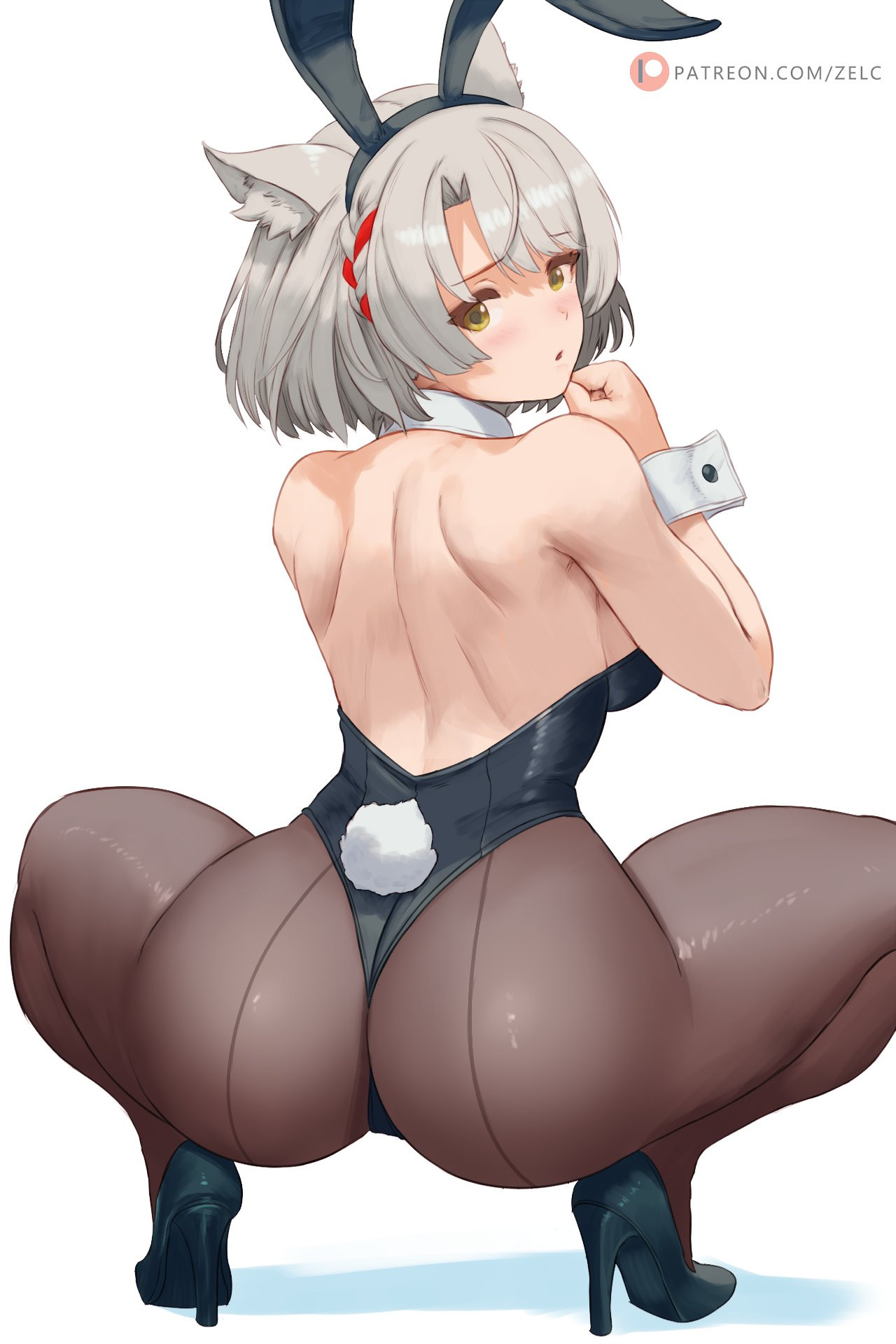animal ear fluff, animal ears, ass, back, bare shoulders, black leotard, black pantyhose, blush, cat ears, female, from behind, grey hair, high heels, highres, leotard, looking at viewer, looking back, mio (xenoblade), nintendo, pantyhose, patreon username, playboy bunny, rabbit ears, rabbit tail, short hair, shy, solo, squatting, tail, white background, wrist cuffs, xenoblade (series), xenoblade chronicles 3, yellow eyes, zelc-face