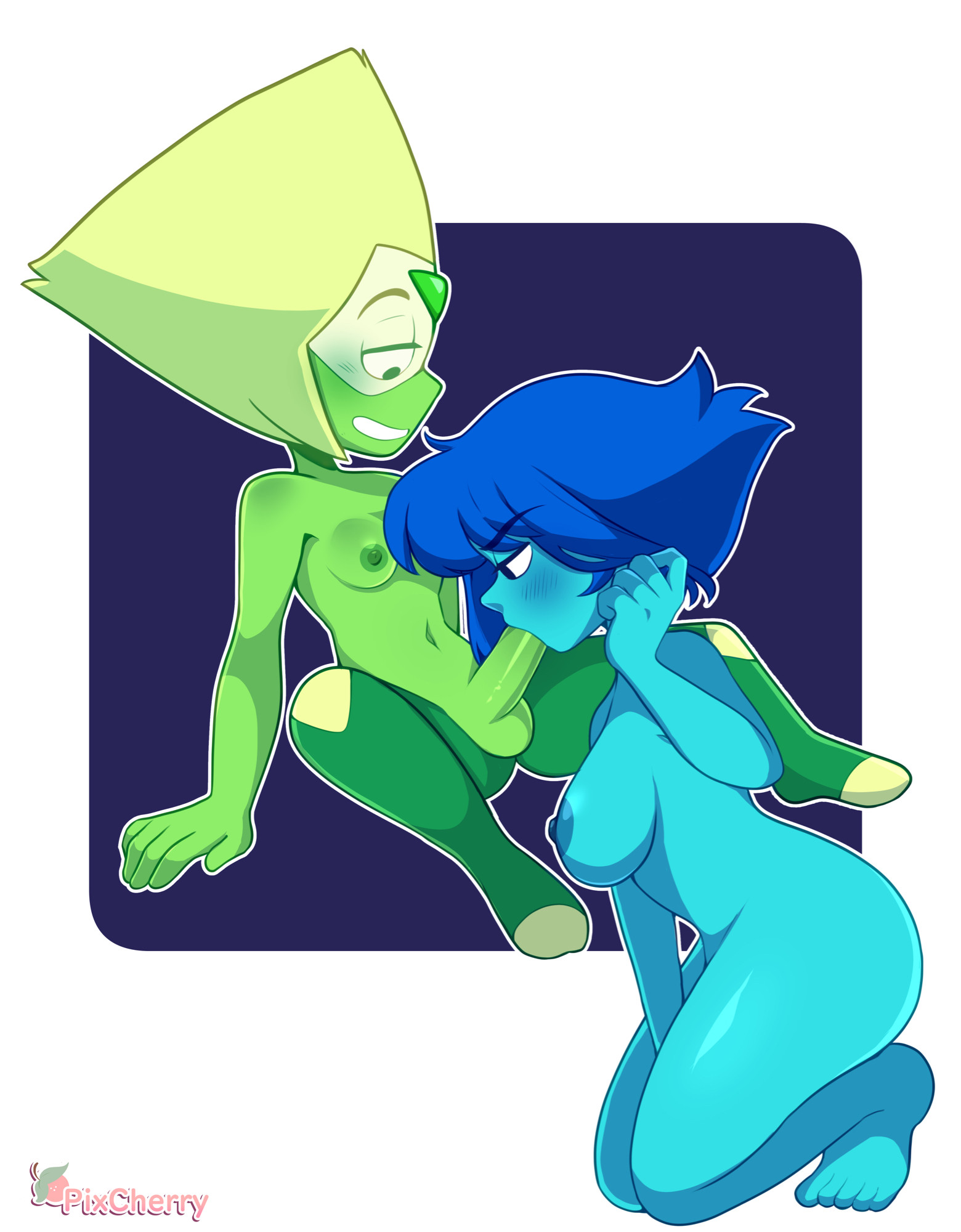 1futa, 1girls, 2023, 5 fingers, abstract background, blue body, blue skin, breasts, cartoon network, cherrypix, commission, digital media (artwork), fellatio, female, futanari, gem (species), green body, green skin, intersex, lapis lazuli (steven universe), oral, peridot (steven universe), small breasts, steven universe, tagme