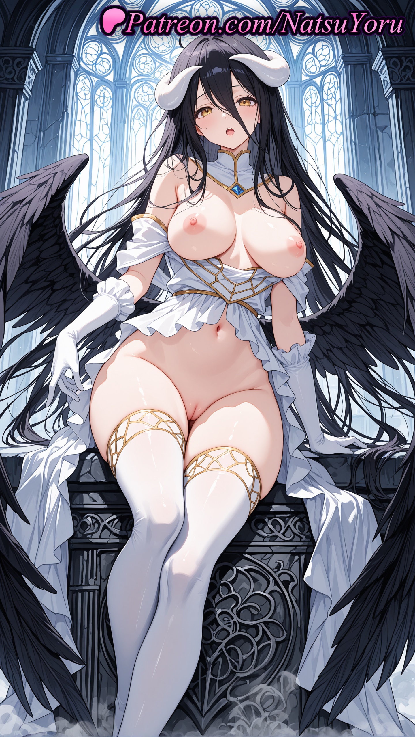 1girls, 2025, ai generated, albedo (overlord), bare shoulders, black feathers, black hair, black wings, blush, breasts, demon, demon girl, demon horns, detached collar, dress, feathered wings, feathers, female, female only, gloves, hair between eyes, hi res, highres, horns, large breasts, long hair, looking at viewer, low wings, natsuyoru, navel, nipples, open mouth, overlord (maruyama), patreon, pussy, sitting, slit pupils, solo, stomach, thighhighs, thighs, uncensored, very long hair, voluptuous, voluptuous female, white dress, white gloves, white horns, white thighhighs, wings, yellow eyes