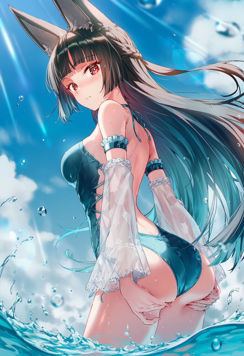 ai generated, ass, black hair, cloudy sky, curvy body, curvy female, female, female focus, female only, hoshimi miyabi, one piece swimsuit, raaicave, sky background, wolf ears, zenless zone zero