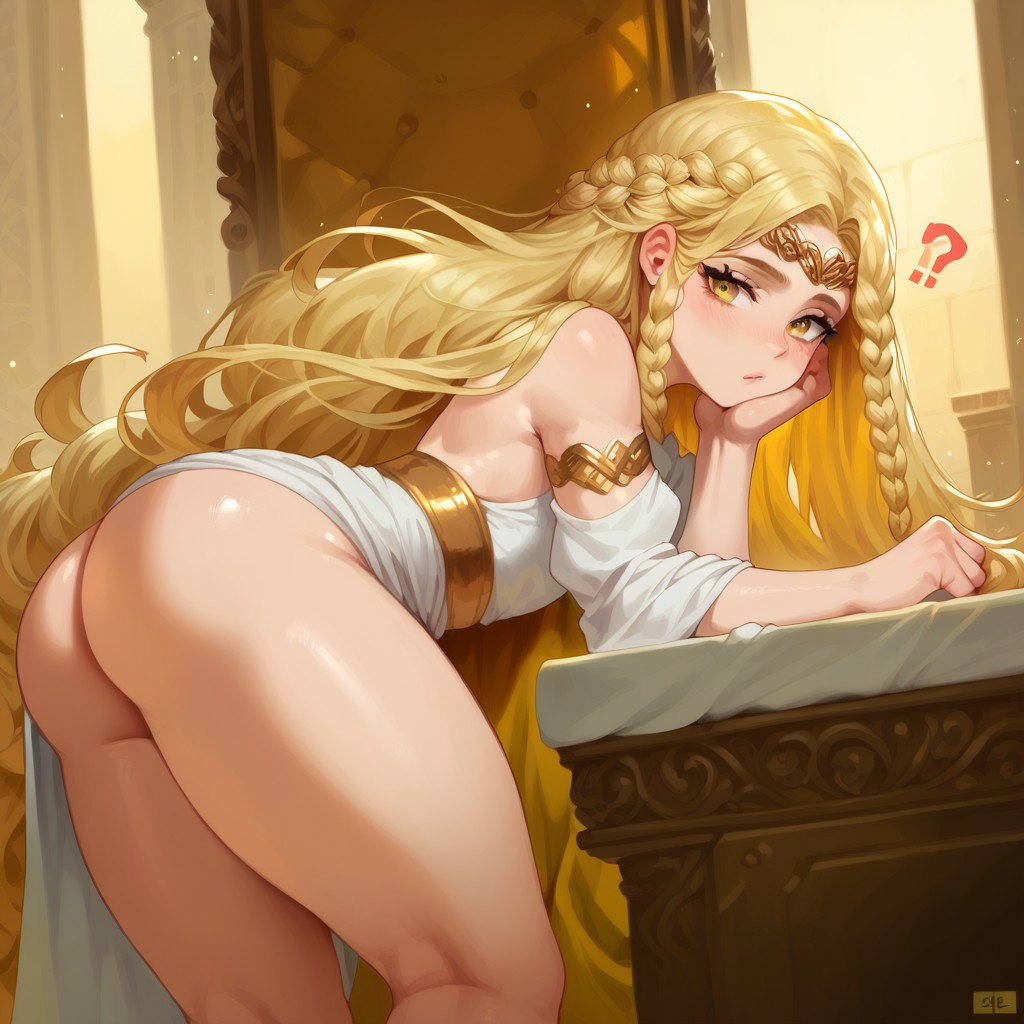 1boy 1femboy 2024 ? ai_generated alternate_version_available ass big_ass blonde_hair brachydios21 crossdressing dress dress_lift dress_up elden_ring femboy feminine_male girly long_hair looking_at_viewer miquella no_panties question_mark solo thick_thighs thighs trap white_dress yellow_eyes