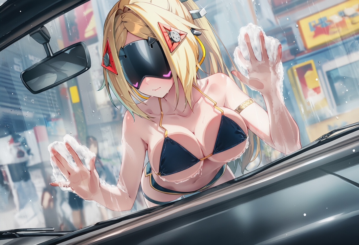 ai generated, bikini, breasts, car, eyes obstructed, female, female focus, female only, no eyes, raaicave, trigger (zenless zone zero), windshield breast press, zenless zone zero