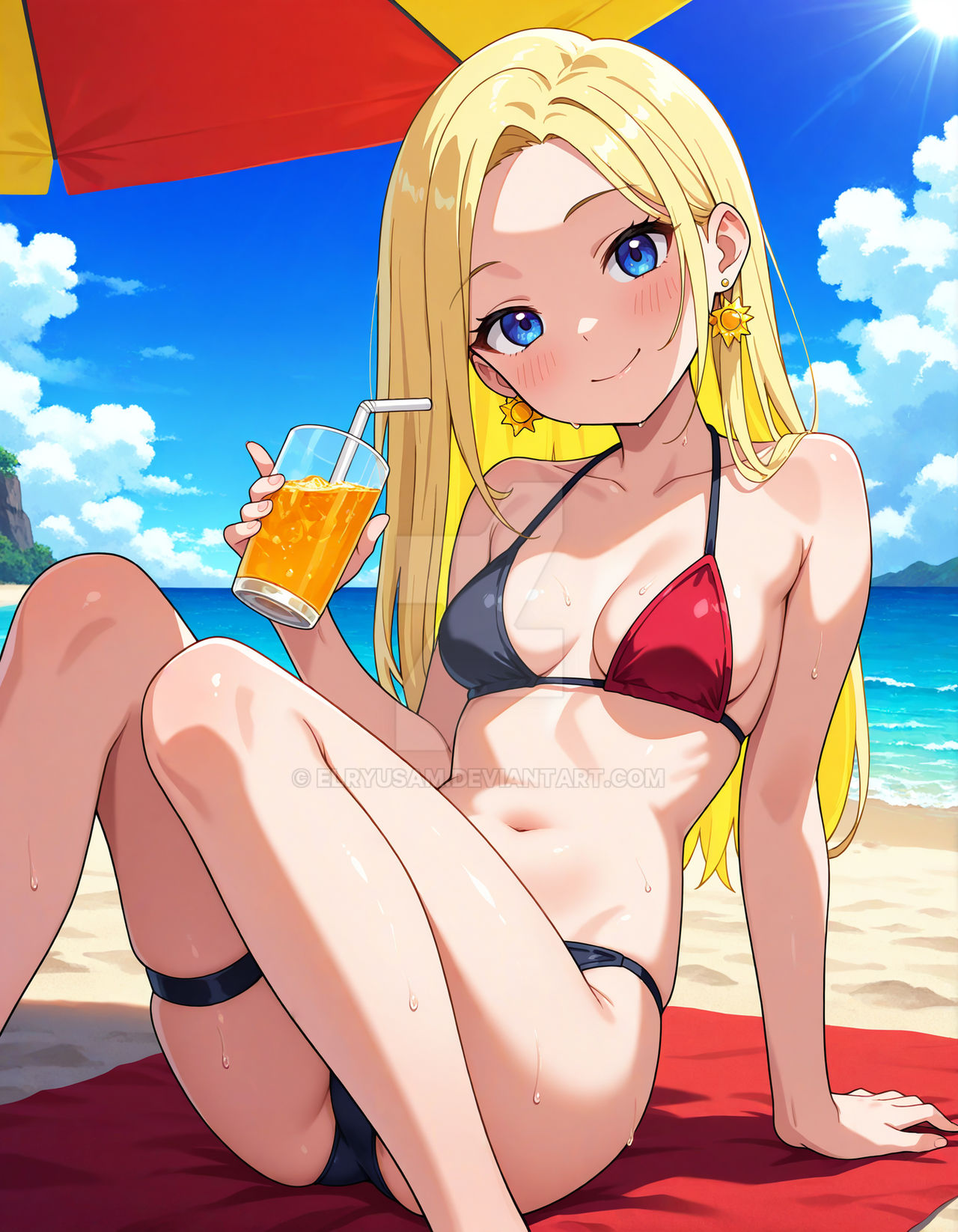 1girls, 2025, ai generated, beach, beach background, belly, bikini, black legwear, blonde eyebrows, blonde female, blonde girl, blonde-haired female, blue-eyed female, cartoon network, closed mouth, cup, day, deviantart, elryusam, female, female only, holding cup, holding drink, holding drinking glass, meta, mouthful, not porn, on ground, outside, pink cheeks, red and black bikini, sitting, solo, summer, sun earrings, sweat, swimwear, teen titans, terra, terra (dc), tummy, wet, wet bikini, wet body, wet skin