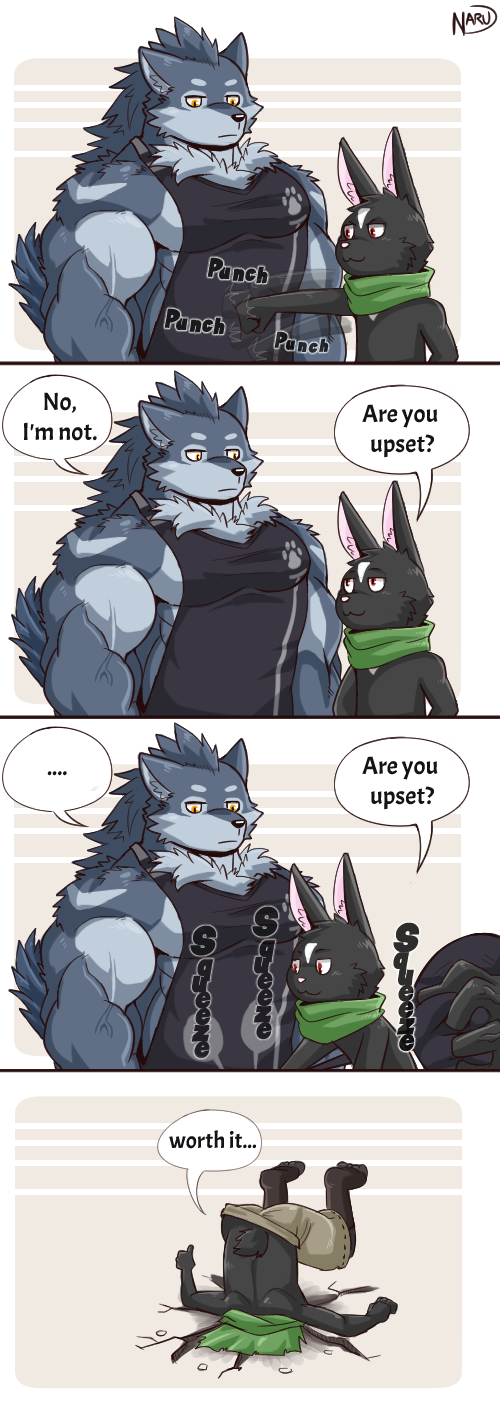 2018 amber_eyes barazoku canine comic dialogue english_text hair hi_res humor lagomorph larger_male male mammal muscular muscular_male naruever nero_(naruever) parody poptepipic rabbit red_eyes signature size_difference smaller_male speech_bubble text thumbs_up wolf yaoi zack_(naruever)