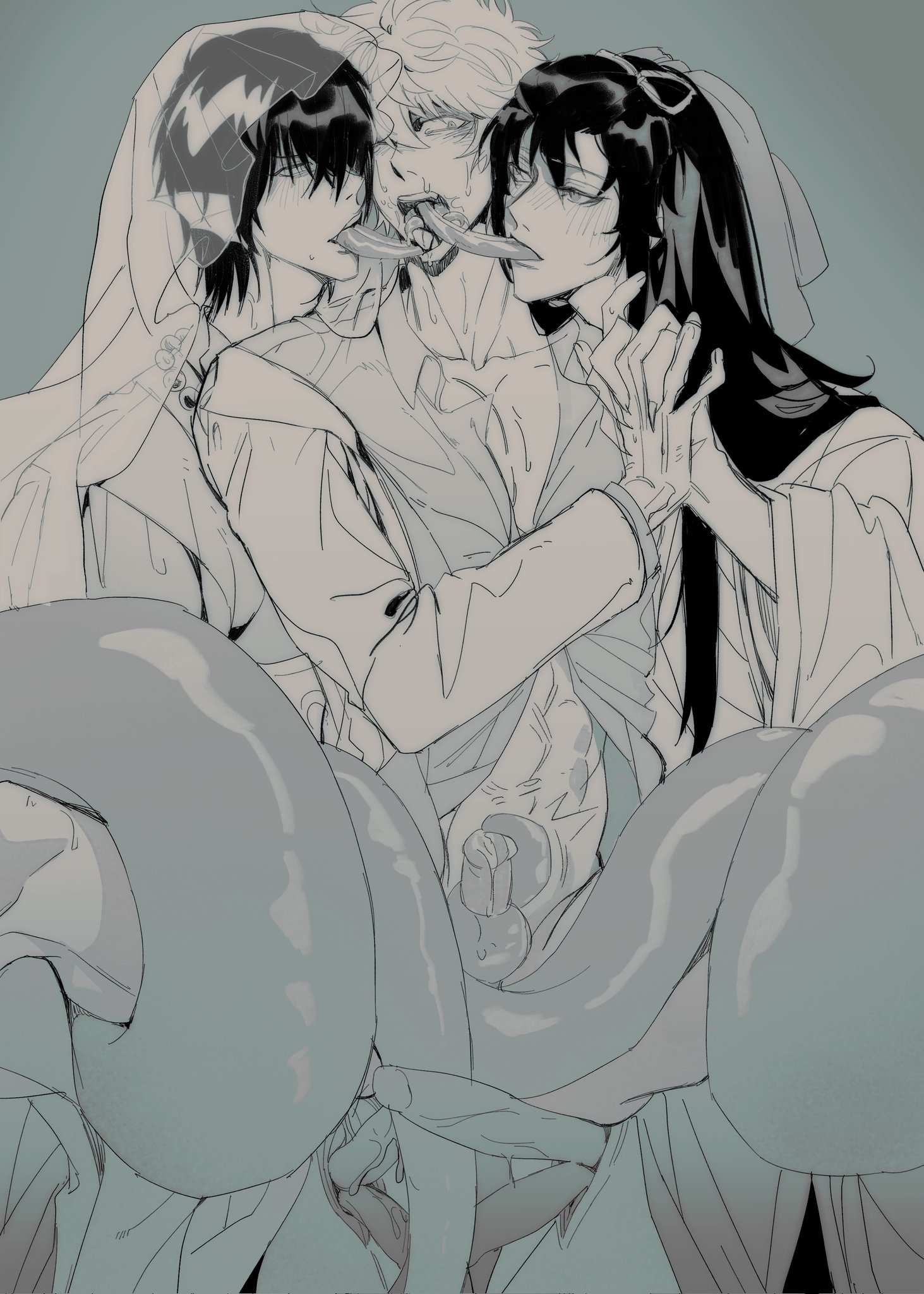 3boys, blush, class 3-z, cloaca, diphallia, diphallism, ear fins, erection, femboy, french kiss, gay, gintama, gintoki sakata, holding hands, humanoid, japanese text, katsura kotarou, kissing, long hair, long tongue, long-haired male, male, male only, merfolk, merman, mmm threesome, monochrome, multi genitalia, multi penis, naga, official alternate costume, open mouth, penis, penis out, snake boy, snake tail, sweat, tailjob, takasugi shinsuke, threesome, uncensored, veil, yaoi, youkai, yuzhoufeitian