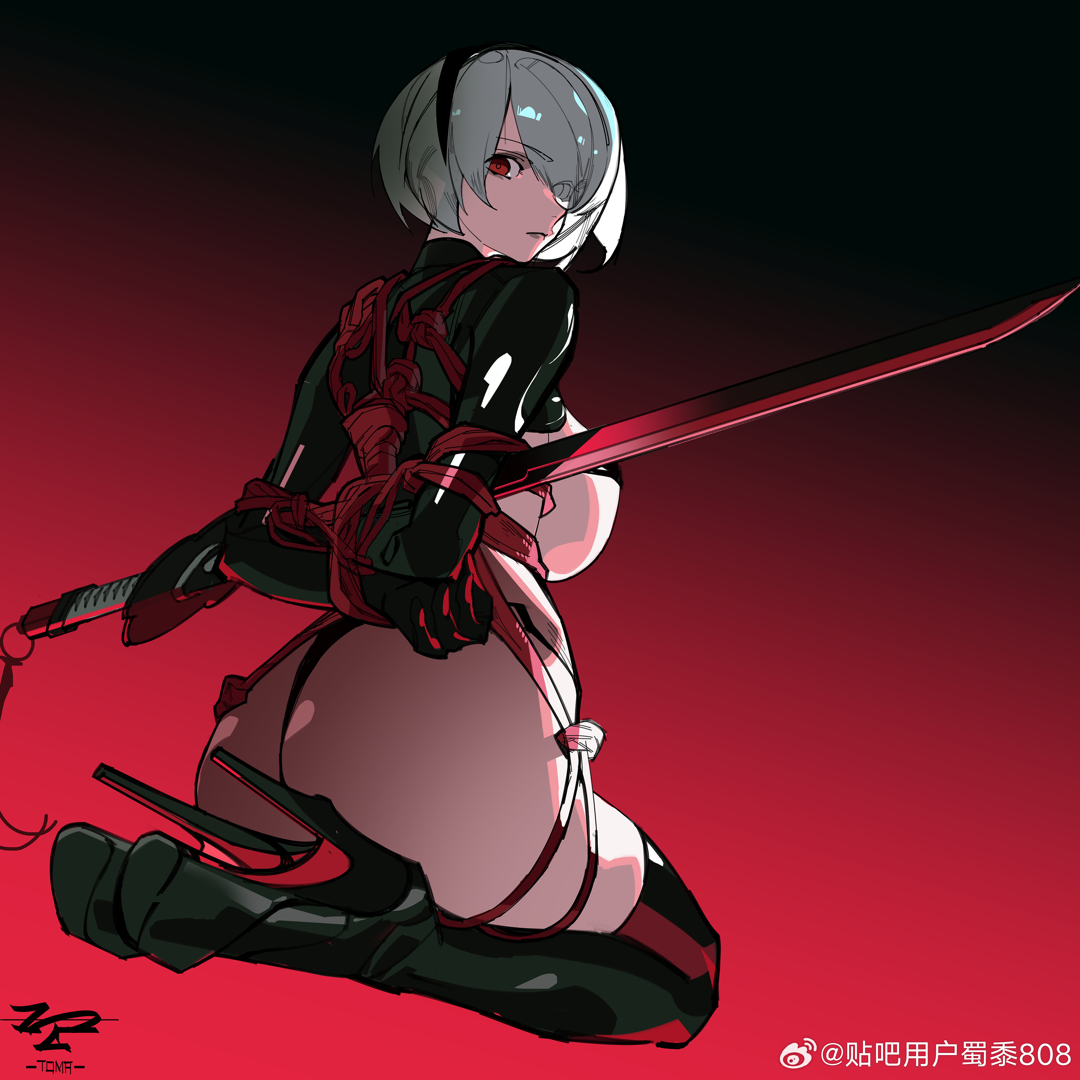 1girls, 2d, absurdres, arms behind back, ass, big ass, big breasts, black background, bondage, bound, bound arms, breasts, color, female, female only, full body, gradient background, hair over one eye, high heel boots, high heels, highres, holding, holding sword, holding weapon, katana, logic virus, looking at viewer, looking back, nier (series), nier: automata, one eye covered, platform heels, rear view, red background, red eyes, rope, rope bondage, shibari, sideboob, solo, stiletto heels, sword, thigh boots, tomafumi, weapon, yorha 2b