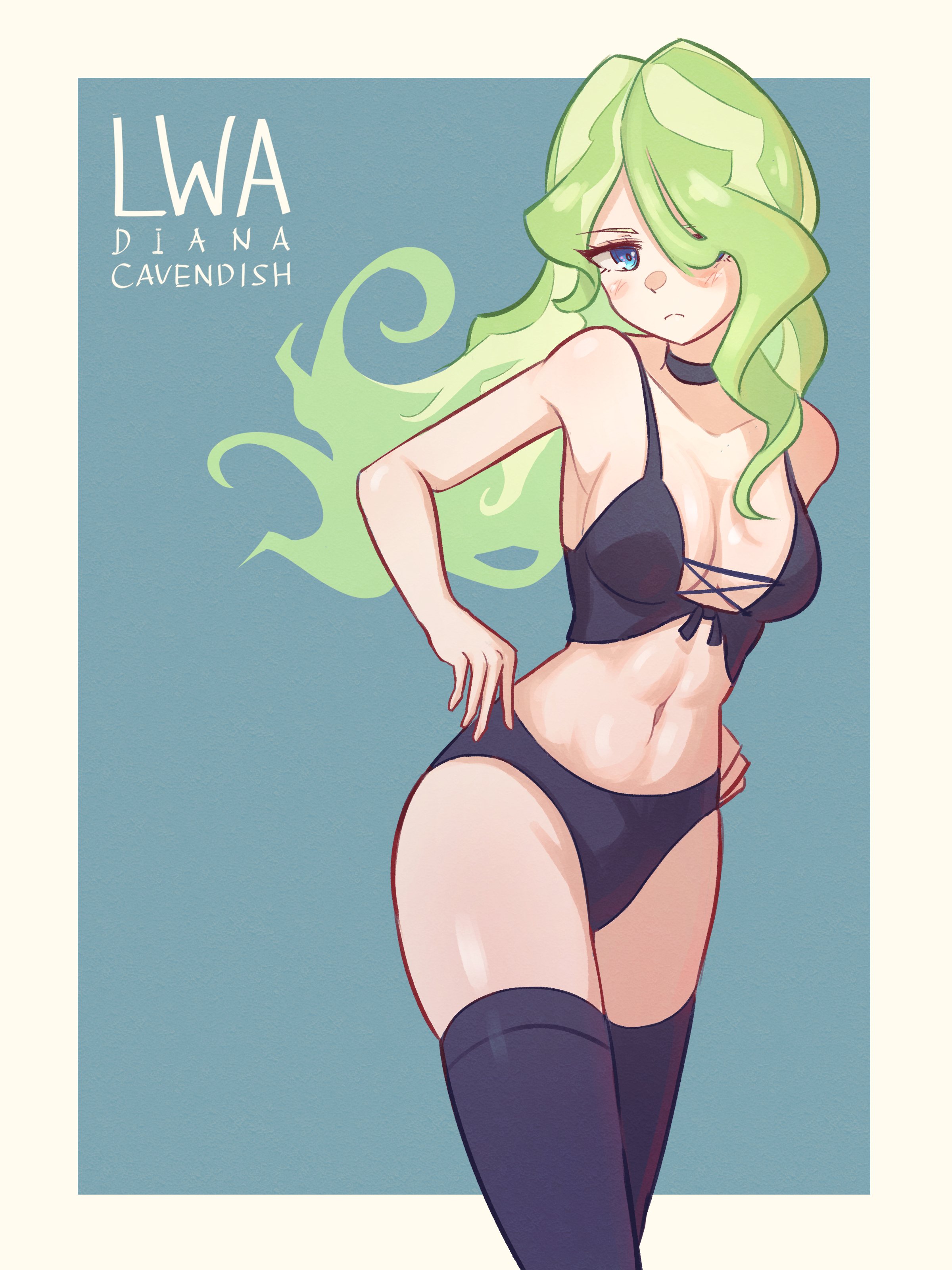 1girls, absurdres, armpits, black bra, black panties, black thighhighs, blue eyes, blush, blush stickers, bra, breasts, character name, cleavage, copyright name, diana cavendish, eyebrows hidden by hair, female, green hair, hand on own chest, highres, lingerie, little witch academia, looking to the side, madabau, madabauillust, medium breasts, navel, open mouth, panties, simple background, skindentation, solo, standing, standing on one leg, stomach, thighhighs, underwear, undressing