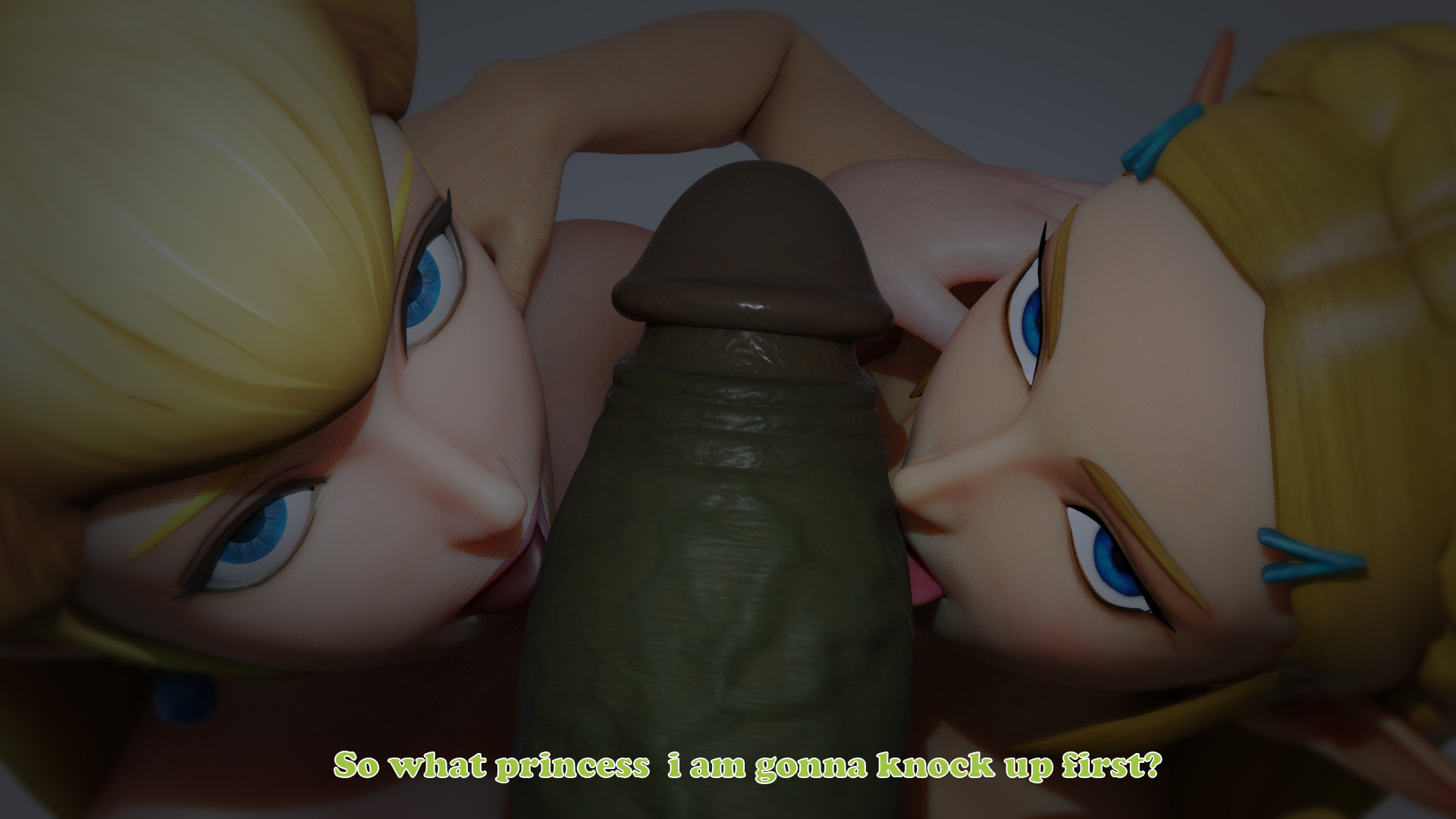 3d, 3d (artwork), bbw, breath of the wild, cock worship, green penis, looking at viewer, male, mario (series), mg 42, penis, princess, princess peach, princess zelda, the legend of zelda, zelda (breath of the wild)