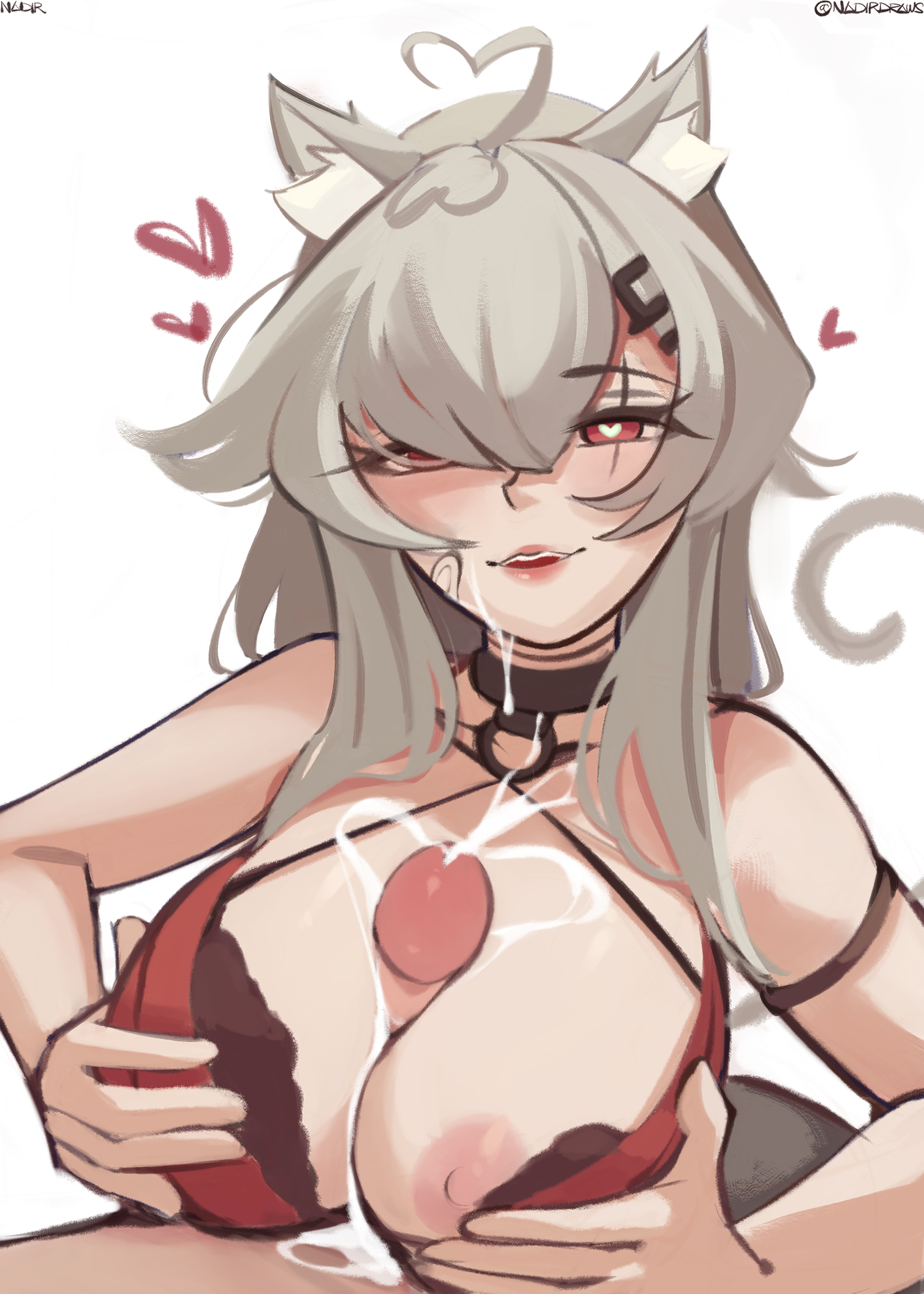 1boy, 1girls, animal ears, areolae, bra, breasts, cum, cum on breasts, ejaculation, ejaculation between breasts, female, grey hair, heart-shaped pupils, indie virtual youtuber, inner ear fluff, light skin, light-skinned female, light-skinned male, male, nadir, nipples, outercourse, paizuri, penis, penis between breasts, red eyes, saruei (vtuber), scar, scar across eye, scar on face, straight, tagme, twitch, virtual youtuber, vtuber, white background