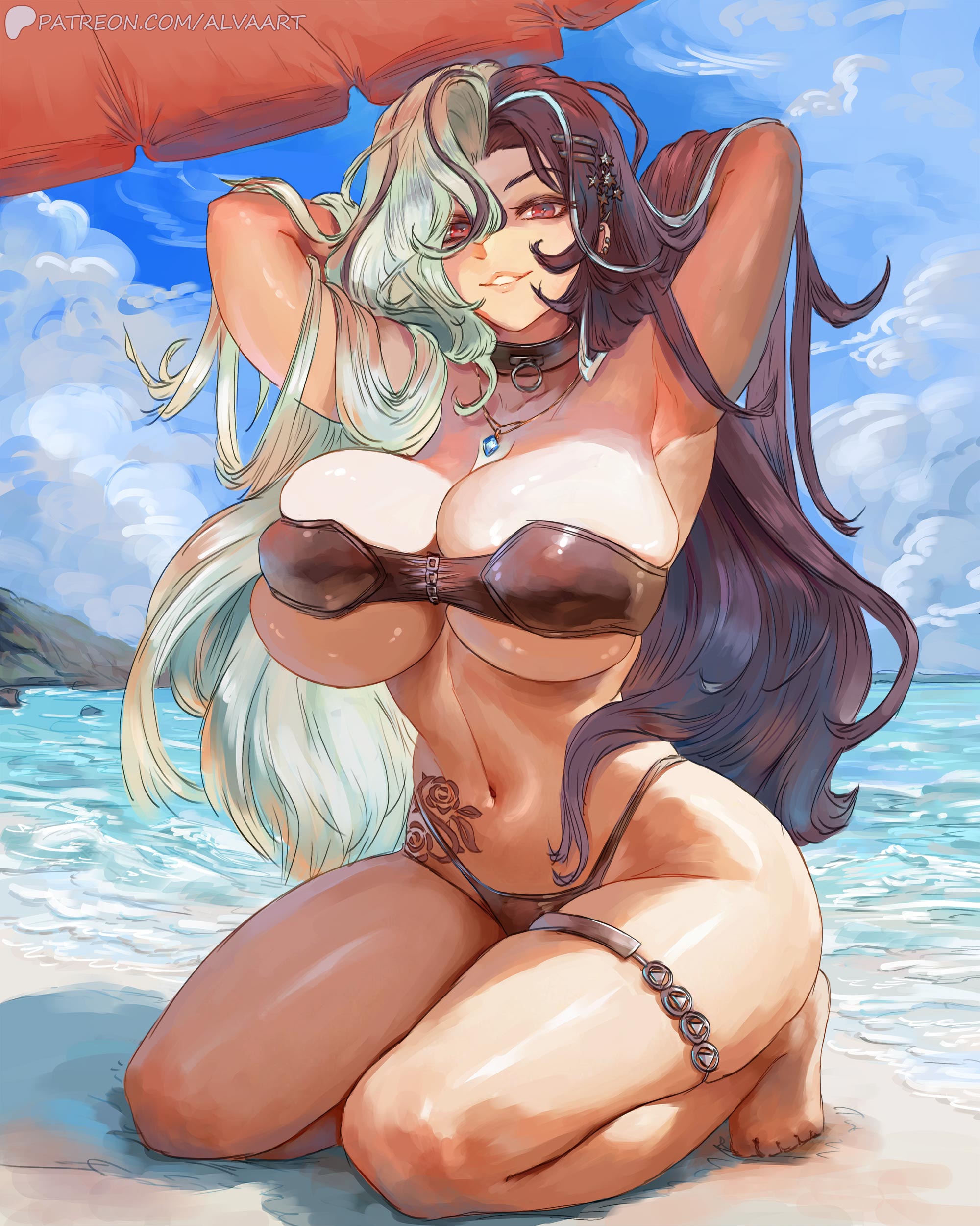 1girls, 2025, 2d, 2d (artwork), artist logo, artist signature, artofalva, ass, bare belly, beach, beach episode, belly, belly button, big ass, big breasts, big butt, bikini, black hair, boobies, boobs, breasts, busty, choker, cleavage, collar, color, colored, curvaceous, curves, curvy, curvy body, curvy female, curvy figure, ear piercing, fanart, female, femme fatale, full color, goddess of victory: nikke, hair, hair between eyes, hair ornament, hips, huge ass, huge breasts, huge butt, large ass, large breasts, large butt, light skin, light-skinned female, long hair, mommy, mommy kink, multicolored hair, necklace, red eyes, rosanna (chic ocean) (nikke), rosanna (nikke), shift up, stomach, tattoo, thick thighs, thighs, tits, titties, very long hair, video game, video game character, white hair
