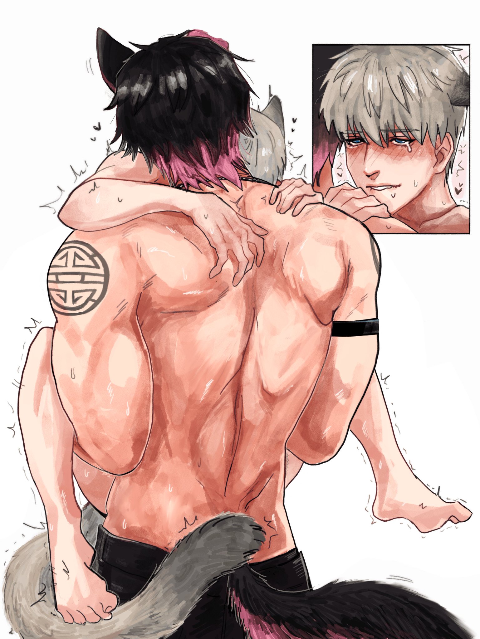 2boys, anal, anal penetration, anal sex, ass, back view, blush, blush lines, carrying, cat ears, cat tail, color, colored, daddy and twink, furry tail, gay, gay sex, hand on ass, hand on butt, holding partner, kaiyo, kemonomimi, lifted, love and deep space, male, male only, male penetrating male, muscular, muscular male, nude, oupp13s31, overstimulation, partially clothed, rough sex, silver hair, standing sex, sweat, sweatdrop, tattoo, tears, tight grip, xavier (love and deep space), yaoi