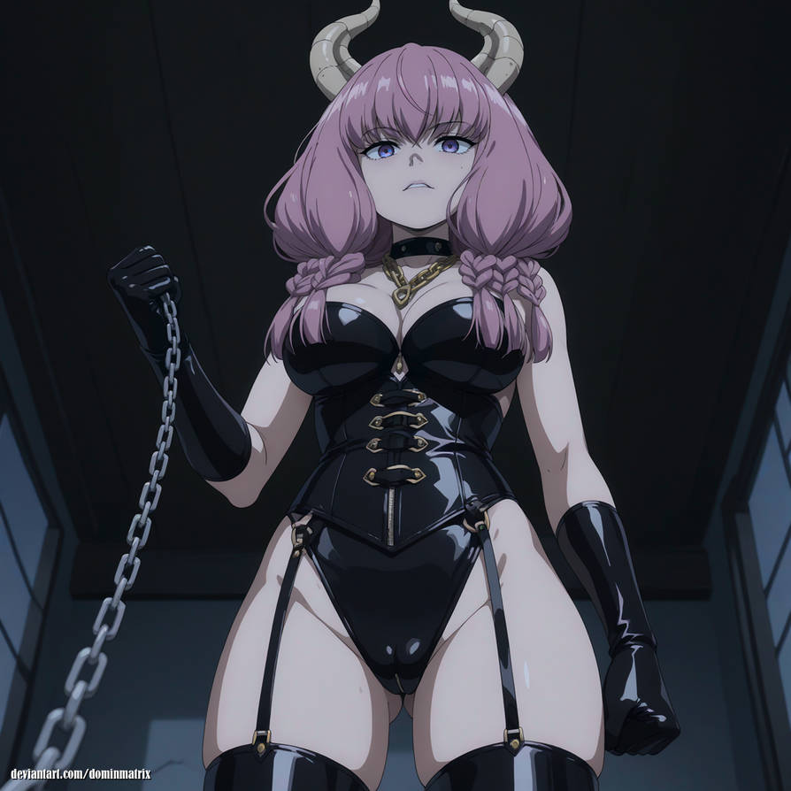 1girls, ai generated, aura (sousou no frieren), bondage, bondage outfit, chains, corset, demon, demon girl, demon horns, dominatrix, dungeon, female, female only, femdom, gloves, holding chain, horns, leather, pink hair, pov, solo, sousou no frieren, thighs