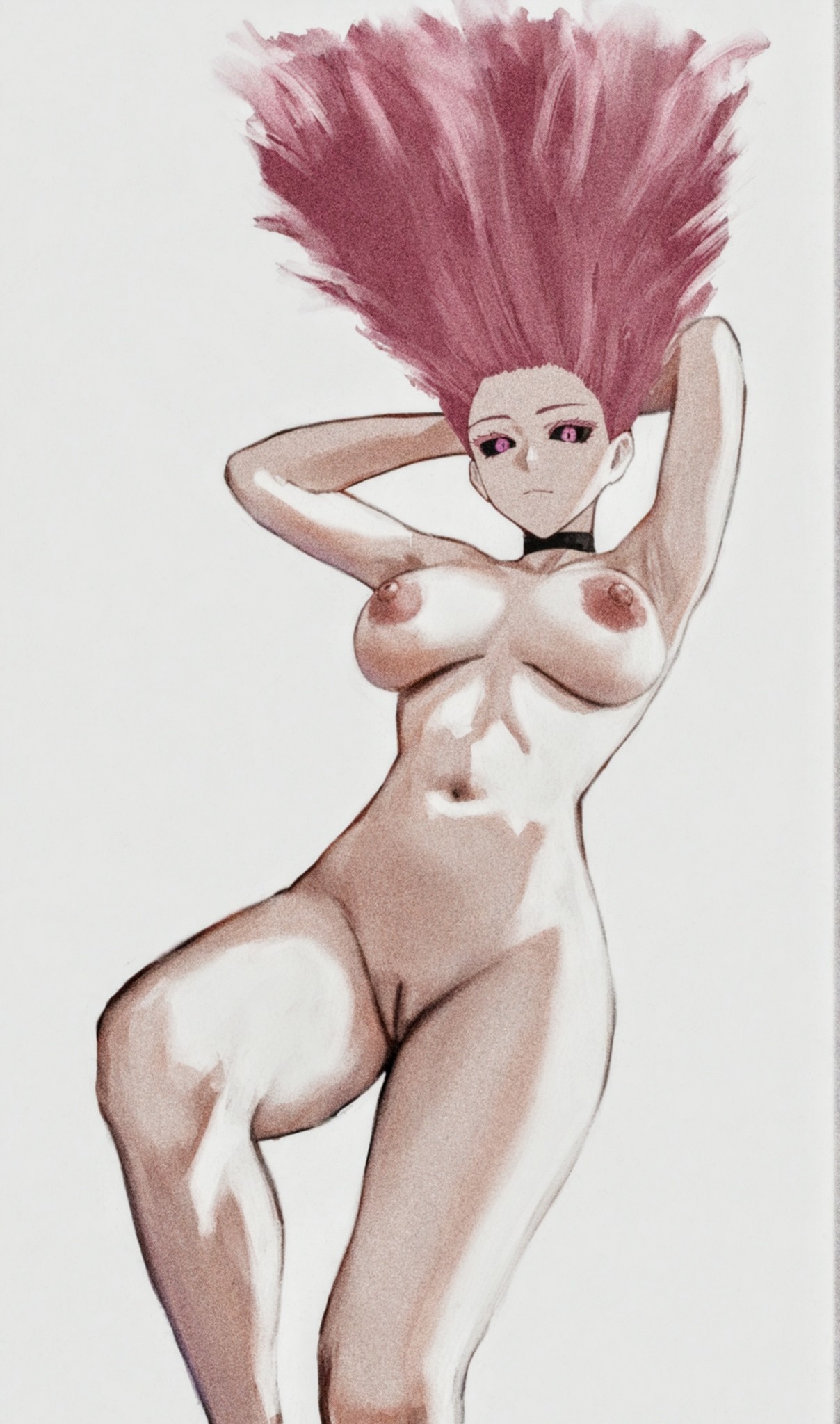ai generated, black sclera, breasts, choker, female, highres, jujutsu kaisen, looking at viewer, navel, nipples, nude, nude female, pink eyes, pink hair, pussy, uncensored, uro takako, wizy14th
