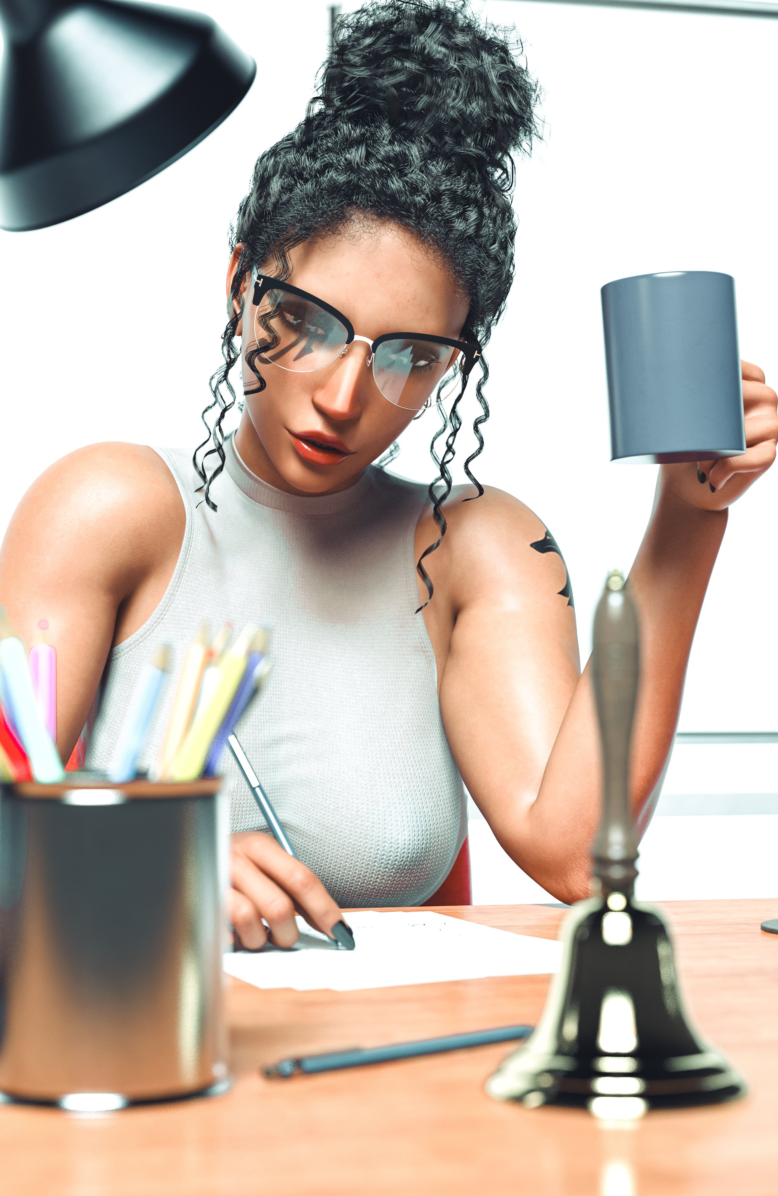 1girls, 3d, bare shoulders, big breasts, black hair, blizzard entertainment, braless, breasts, classroom, curly hair, dark skin, dark-skinned female, desk, fbn studio, female, female only, glasses, holding cup, lipstick, makeup, mascara, nail polish, nipples, nipples visible through clothing, overwatch, pharah, sitting, solo, solo female, tattoo, teacher, translucent clothing