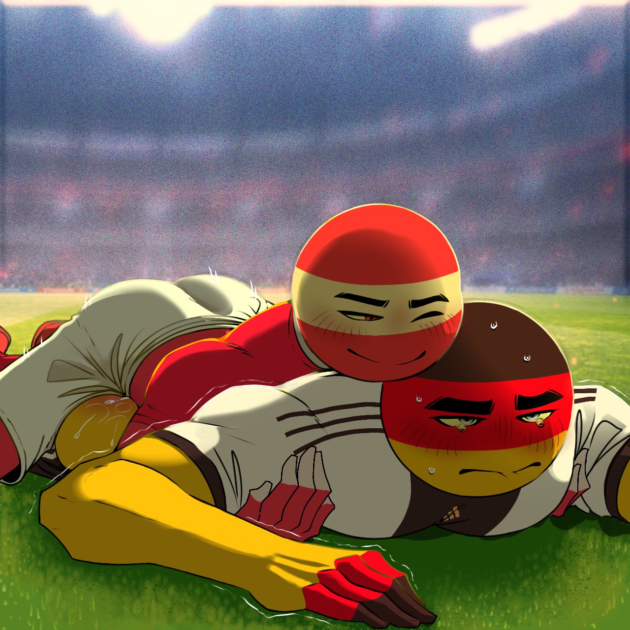 2boys, ass, austria (countryhumans), big ass, big ass (male), big butt, big butt (male), countryhumans, football, gay, gay male, germany (countryhumans), homosexual, male, male only, marcuswazhere, no visible genitalia, pounding, pounding ass, public, public sex, red body, small dom big sub, smaller male, soccer, soccer uniform, sweat, sweatdrop, yaoi, yautja main1987, yellow body