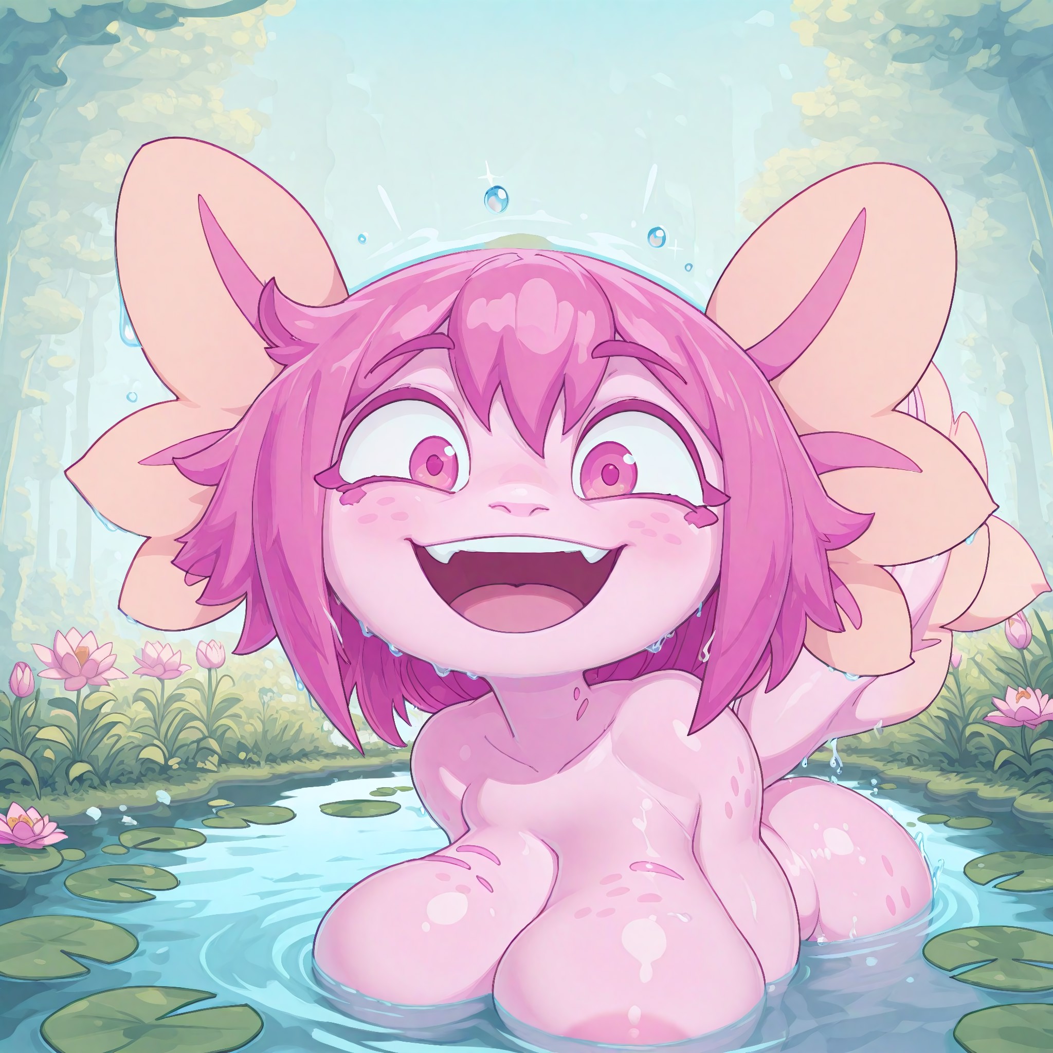 ai generated, ass, axolotl, back, bathing, big ass, big breasts, breasts, cleavage, female, gills, happy, leaning forward, lilypad, long hair, looking at viewer, nipples, nude, open mouth, outdoors, pink eyes, pink hair, pink skin, submerged, tail, vitzy (vitzypie), vitzypie, water, wet, wet body, wet skin