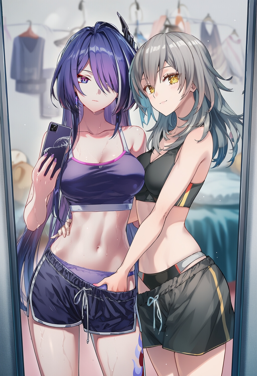 2girls, acheron (honkai: star rail), ai generated, curvy body, curvy female, curvy figure, female, female only, grey hair, gym clothes, gym clothing, gym uniform, honkai: star rail, mirror reflection, mirror selfie, phone camera, purple hair, raaicave, selfie pose, stelle (honkai: star rail), white hair, yuri