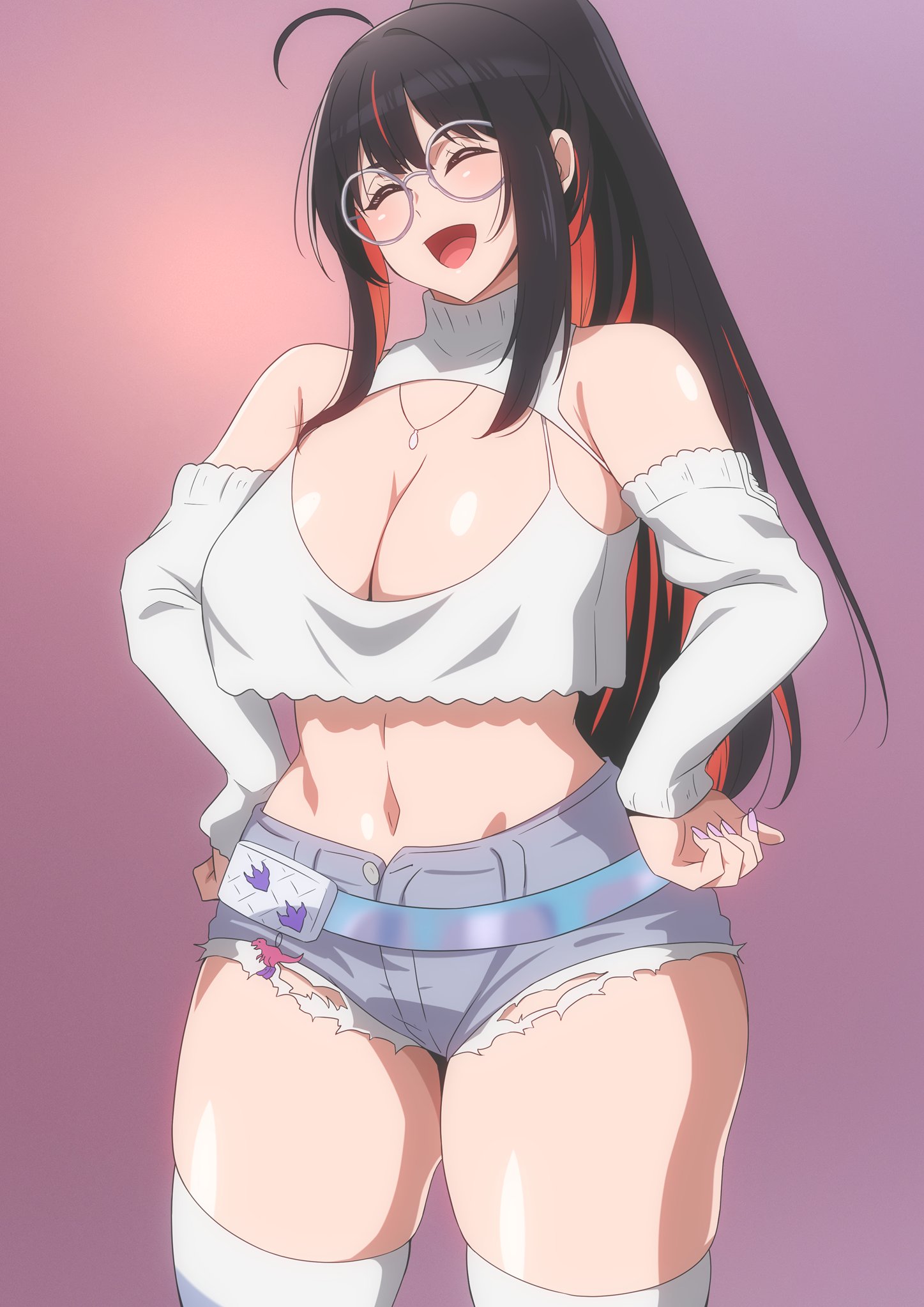 black hair, blush, breasts, cleavage, closed eyes, female, female only, footwear, glasses, goddess of victory: nikke, hair between eyes, hara (harayutaka), large breasts, long hair, long sleeves, moran (nikke), moran (off-duty queen) (nikke), open mouth, sleeves past elbows, solo focus, thick thighs, thighhighs, thighs, white legwear, white sleeves, white stockings, wide hips