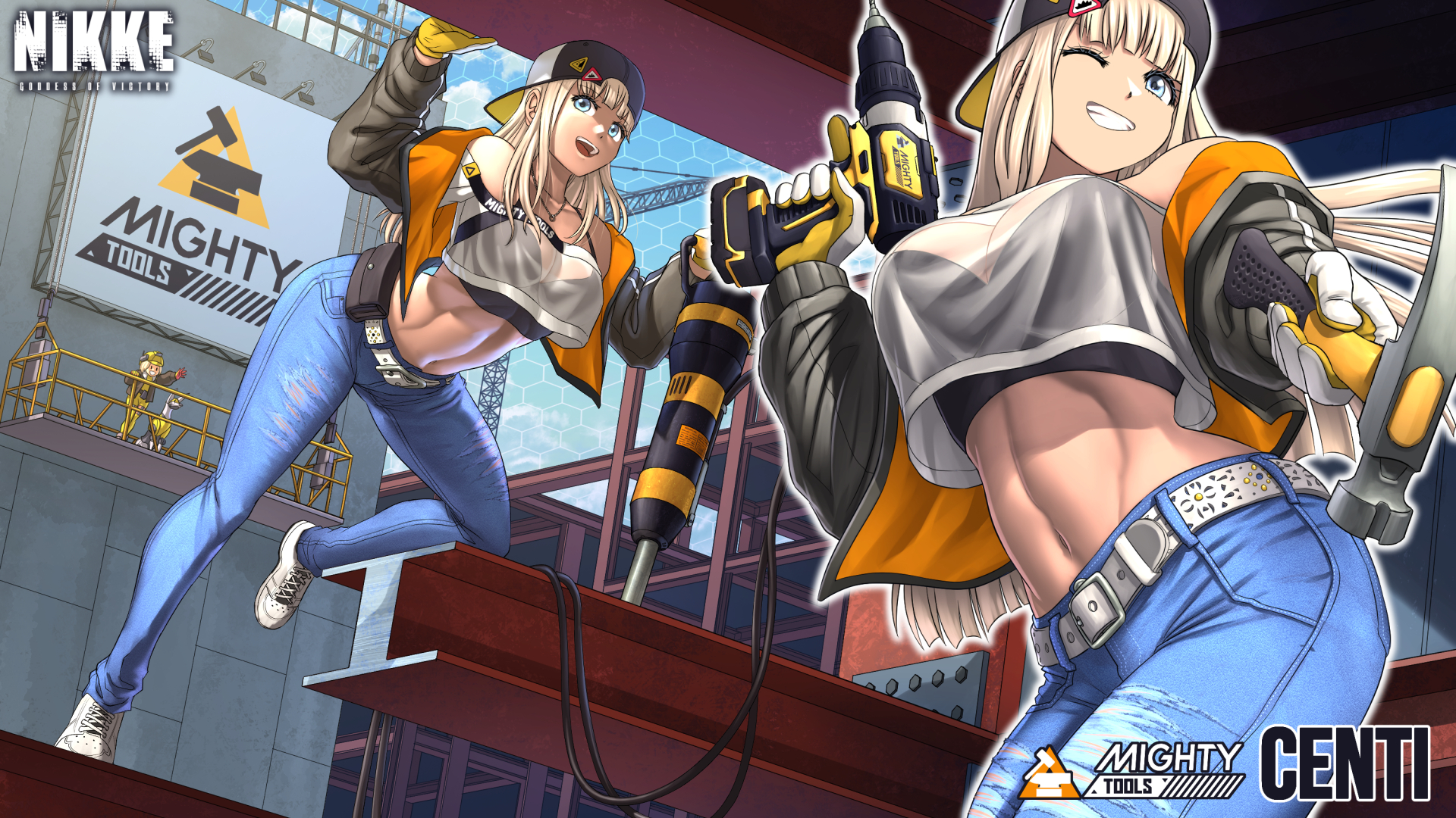 2girls, backwards baseball cap, baseball cap, belt, big breasts, black sports bra, blonde hair, blue eyes, blue jeans, blunt bangs, breasts, canine, centi (nikke), centi (supreme holiday) (nikke), clothed, construction worker, crop top, crop top overhang, drill, dual wielding, female, gloves, goddess of victory: nikke, hammer, jeans, linea alba, liter (nikke), medium breasts, midriff, mighty tools (nikke), missilis (nikke), navel, off shoulder, official alternate costume, see-through, see-through clothing, sneakers, solo focus, sports bra, substance20, tomboy, toned, toned female, torn jeans, volt (nikke), yellow gloves