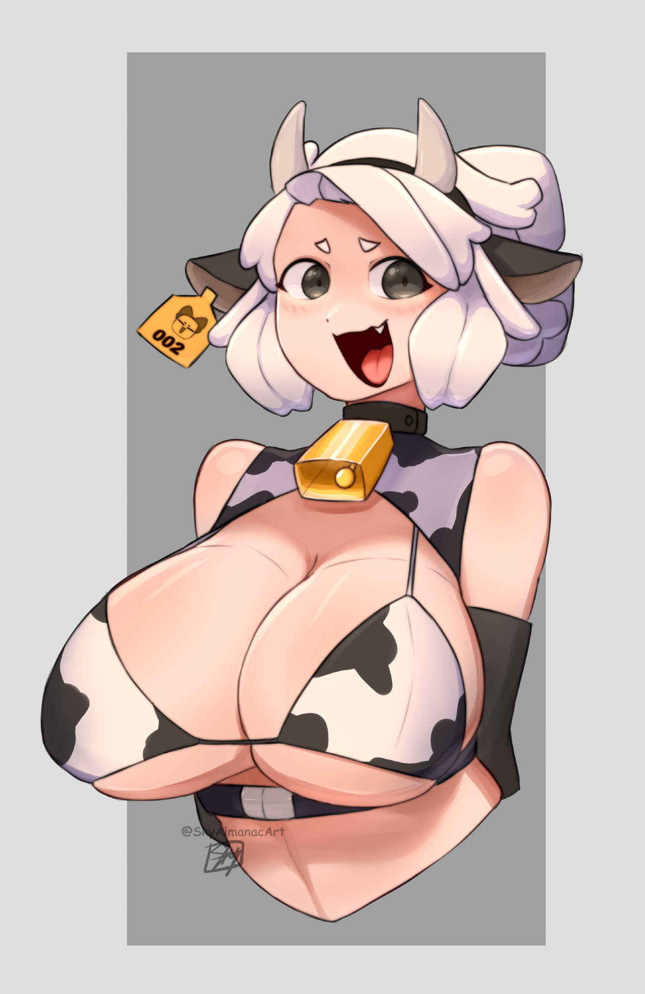 big breasts, breasts, cow bikini, cow girl, female, horns, mel (sky almanac), sky almanac, smiling at viewer, white hair