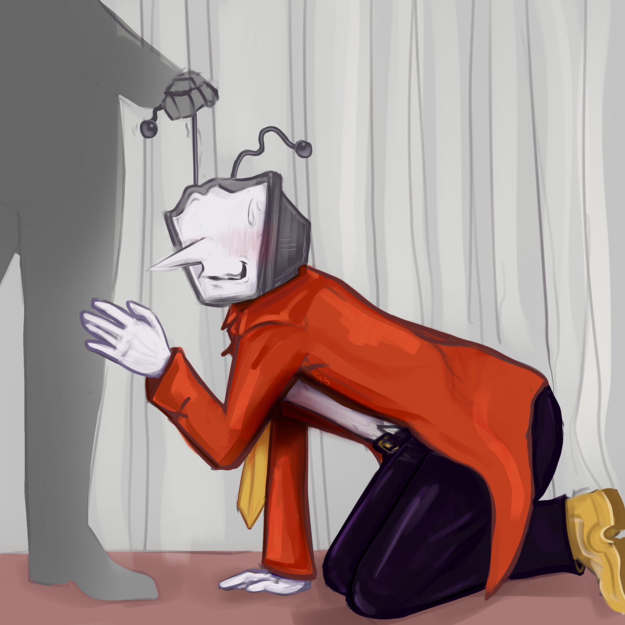 1:1, 1boy, 2025, album cover, antennae, antennae grab, antennae pull, blush, color, deltarune, deltarune chapter 3, digital drawing (artwork), digital media (artwork), hi res, high resolution, highres, male, male focus, male only, on all fours, pointy nose, solo, solo focus, solo male, suit, suit and tie, sweat, sweatdrop, tenna (deltarune), tie, tv, tv head