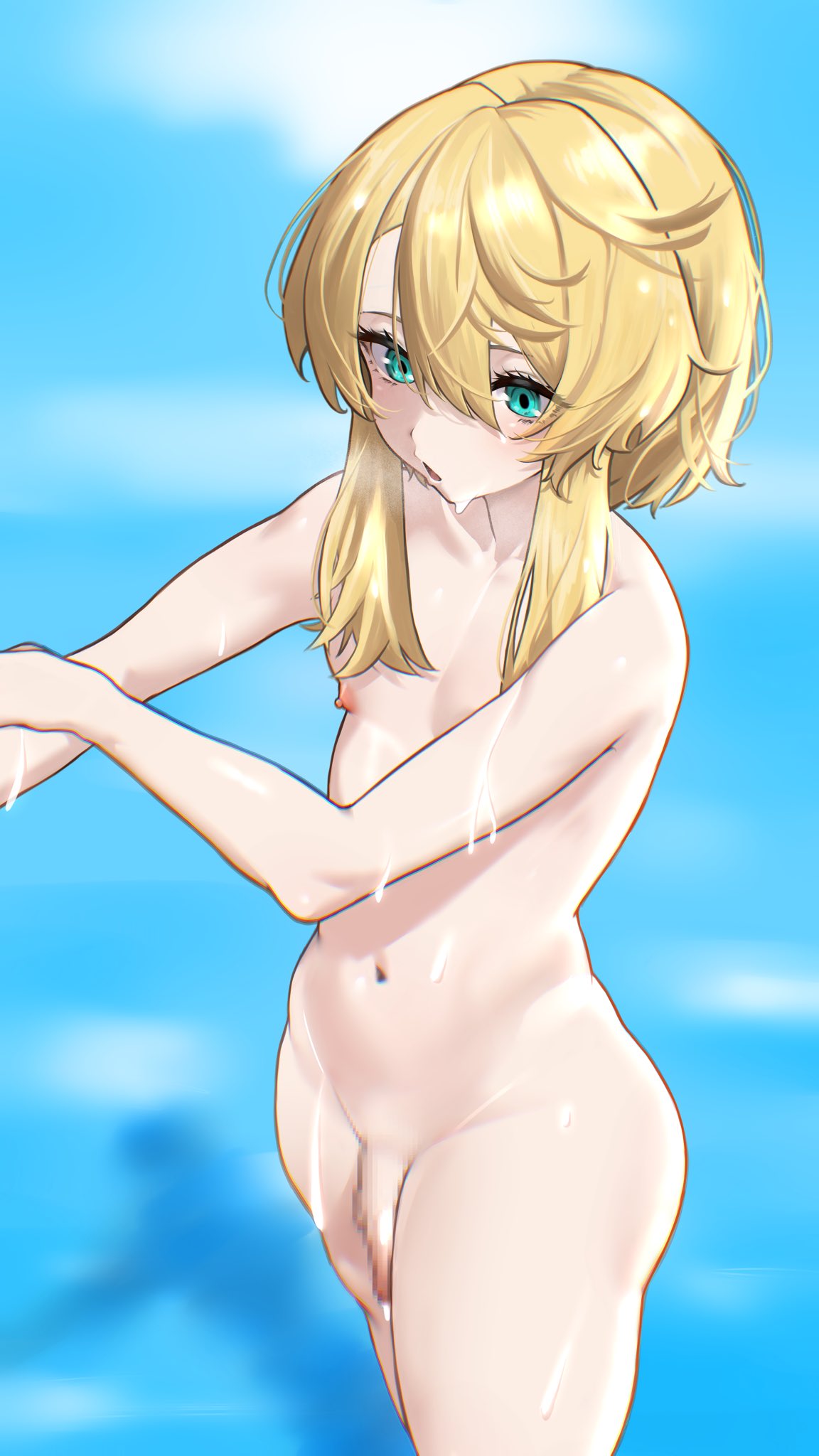 1boy, absolutely nothing on, aqua eyes, balls, blonde hair, blonde male, blonde-haired male, blue eyes, breath cloud, bridget, bridget bath scene (dual rulers), canonical scene, casual, censored, censored penis, completely naked, completely naked male, completely nude, completely nude male, femboy, guilty gear, guilty gear strive: dual rulers, human, kanekureimpact7, light blush, light skin, light-skinned male, male, male focus, male only, medium hair, mosaic censoring, nipples, nonsexual, nonsexual nudity, nude, nudist, open mouth, outdoors, pale skin, penis, solo, standing, standing in water, teenager, trans, trans woman, trap, twink, washing self, wet, wet body